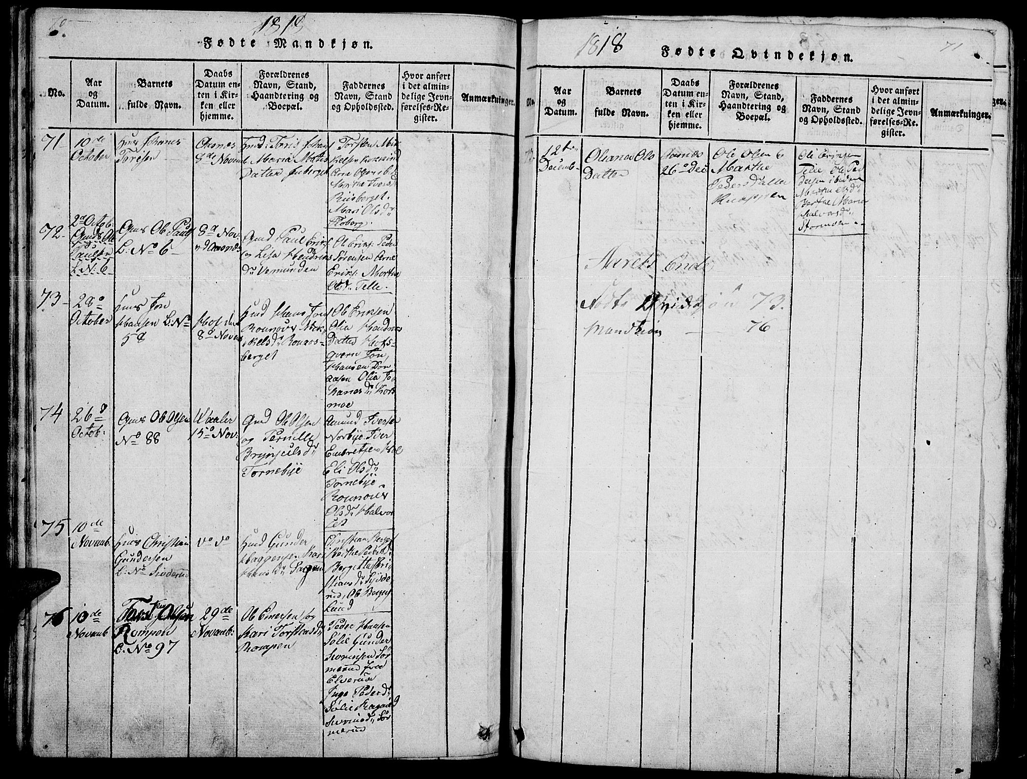 Hof prestekontor, AV/SAH-PREST-038/H/Ha/Haa/L0005: Parish register (official) no. 5, 1816-1822, p. 70-71