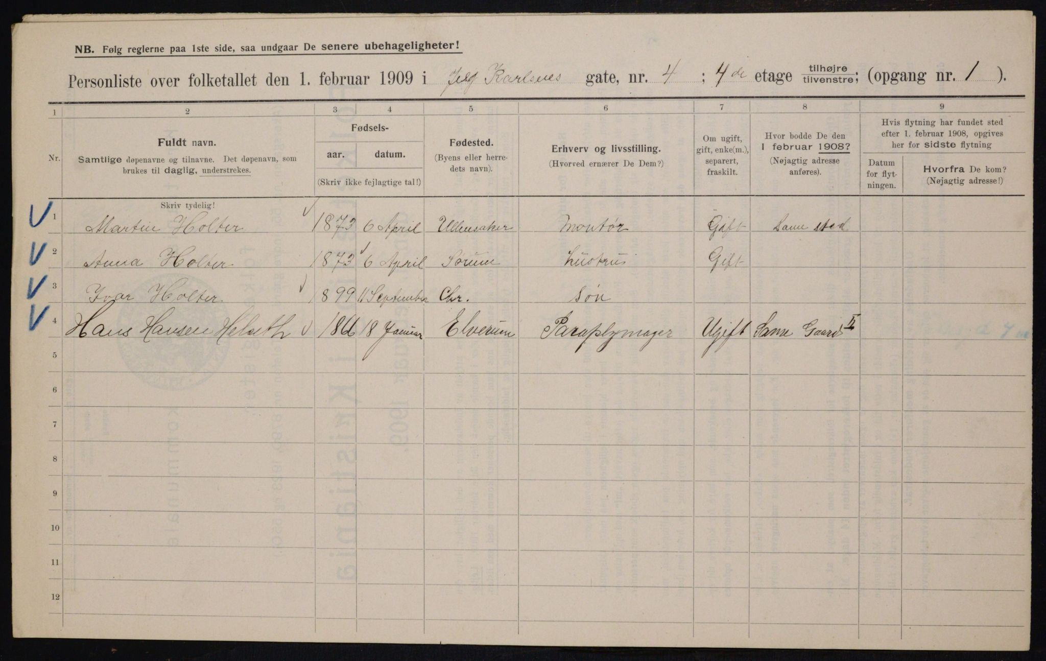 OBA, Municipal Census 1909 for Kristiania, 1909, p. 42919