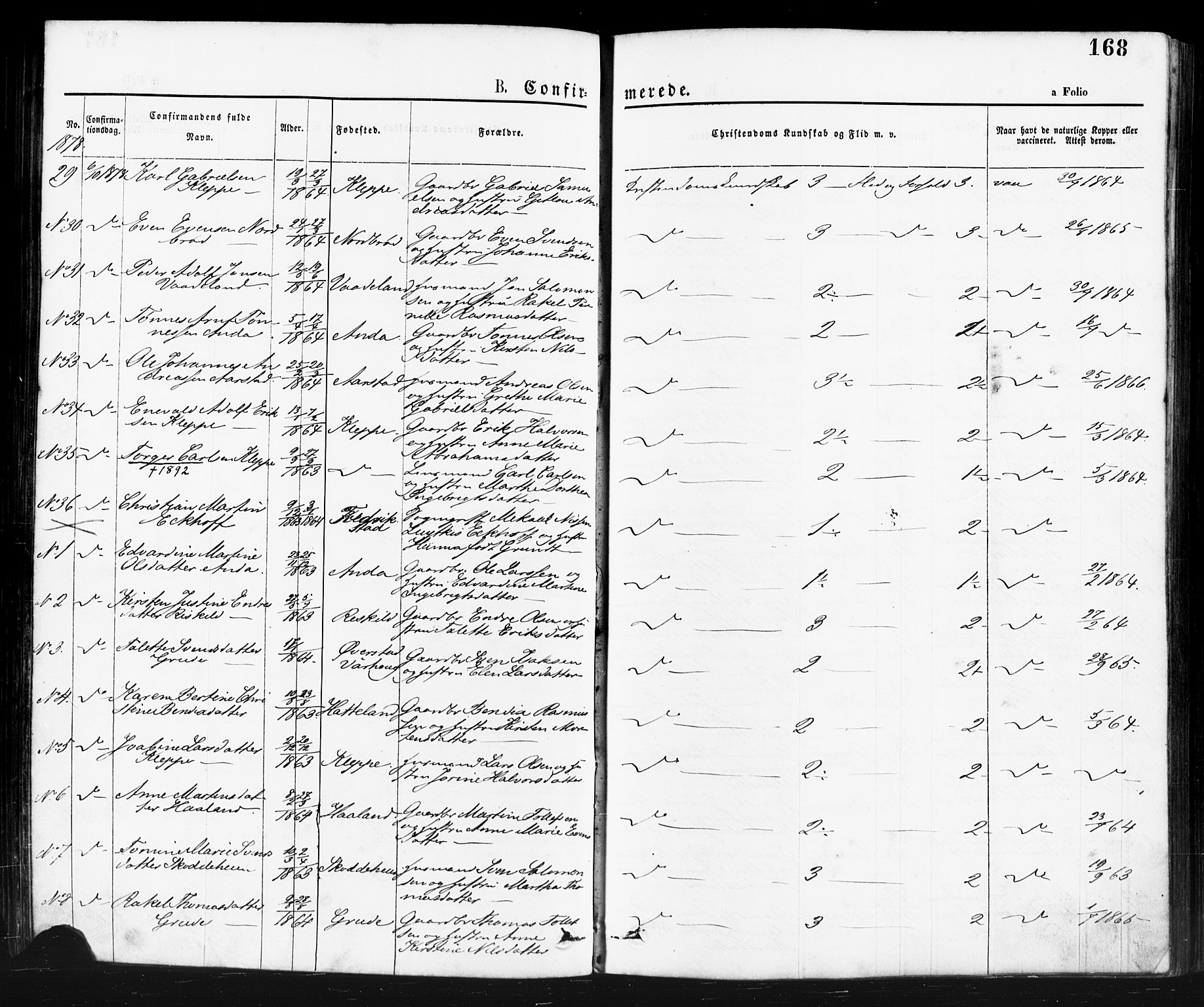 Klepp sokneprestkontor, AV/SAST-A-101803/001/3/30BA/L0006: Parish register (official) no. A 6, 1871-1885, p. 168