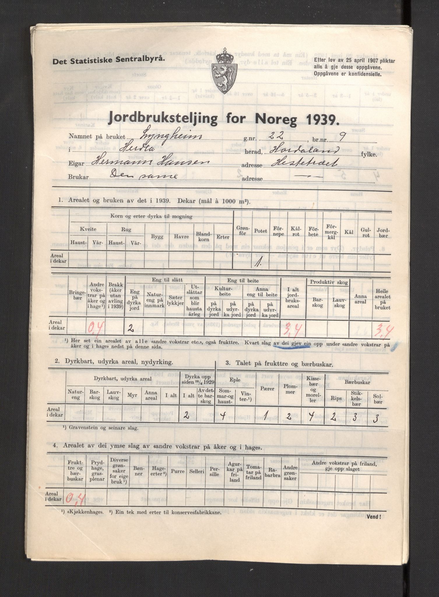 Statistisk sentralbyrå, Næringsøkonomiske emner, Jordbruk, skogbruk, jakt, fiske og fangst, AV/RA-S-2234/G/Gb/L0211: Hordaland: Herdla, Hjelme og Manger, 1939, p. 115