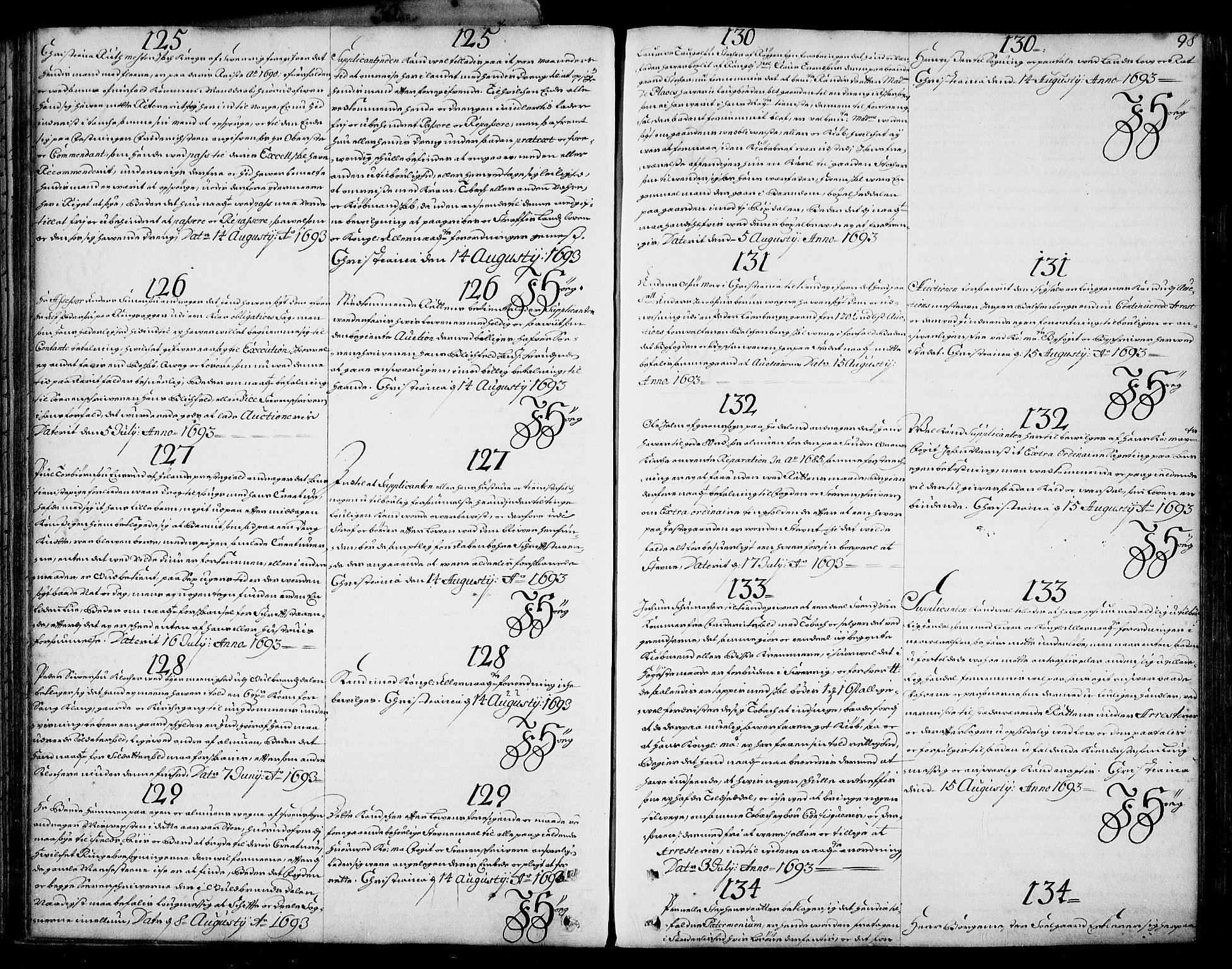 Stattholderembetet 1572-1771, RA/EA-2870/Ad/L0005: Supplikasjons- og resolusjonsprotokoll, 1692-1699, p. 97b-98a