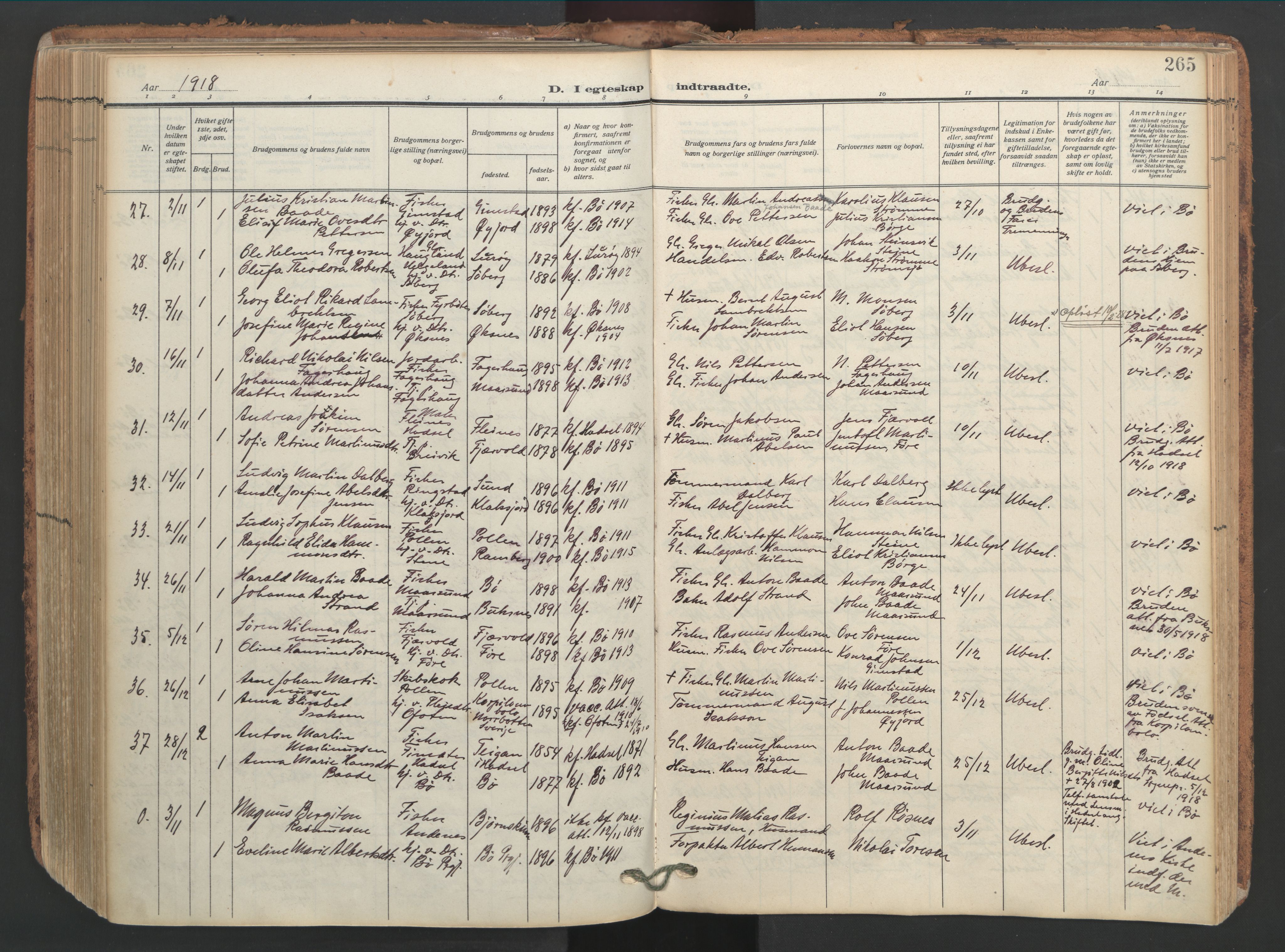 Ministerialprotokoller, klokkerbøker og fødselsregistre - Nordland, SAT/A-1459/891/L1306: Parish register (official) no. 891A11, 1911-1927, p. 265