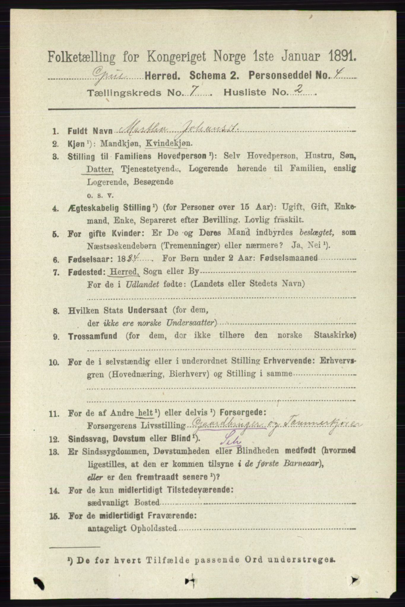 RA, 1891 census for 0423 Grue, 1891, p. 3578