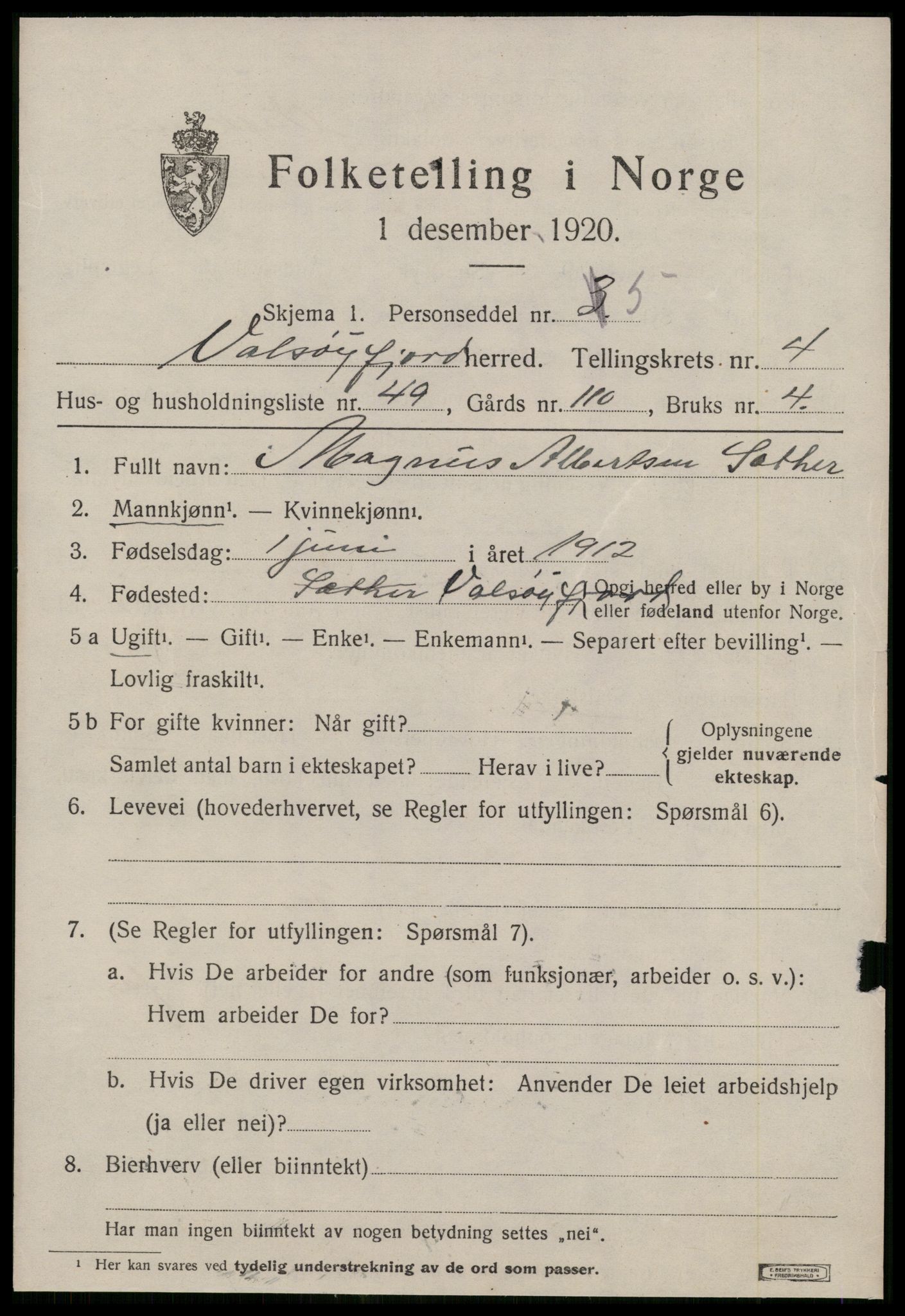 SAT, 1920 census for Valsøyfjord, 1920, p. 2377