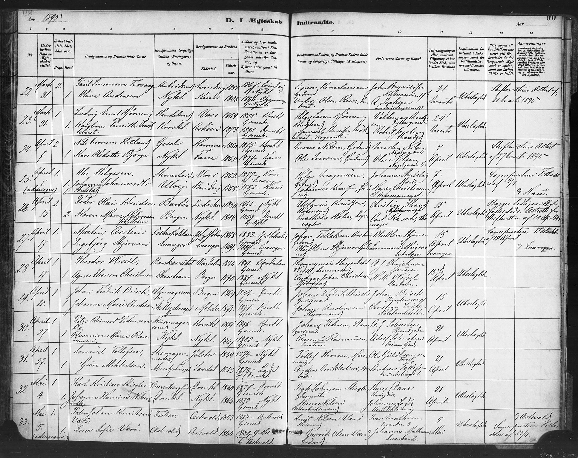 Nykirken Sokneprestembete, AV/SAB-A-77101/H/Haa/L0033: Parish register (official) no. D 3, 1884-1895, p. 90