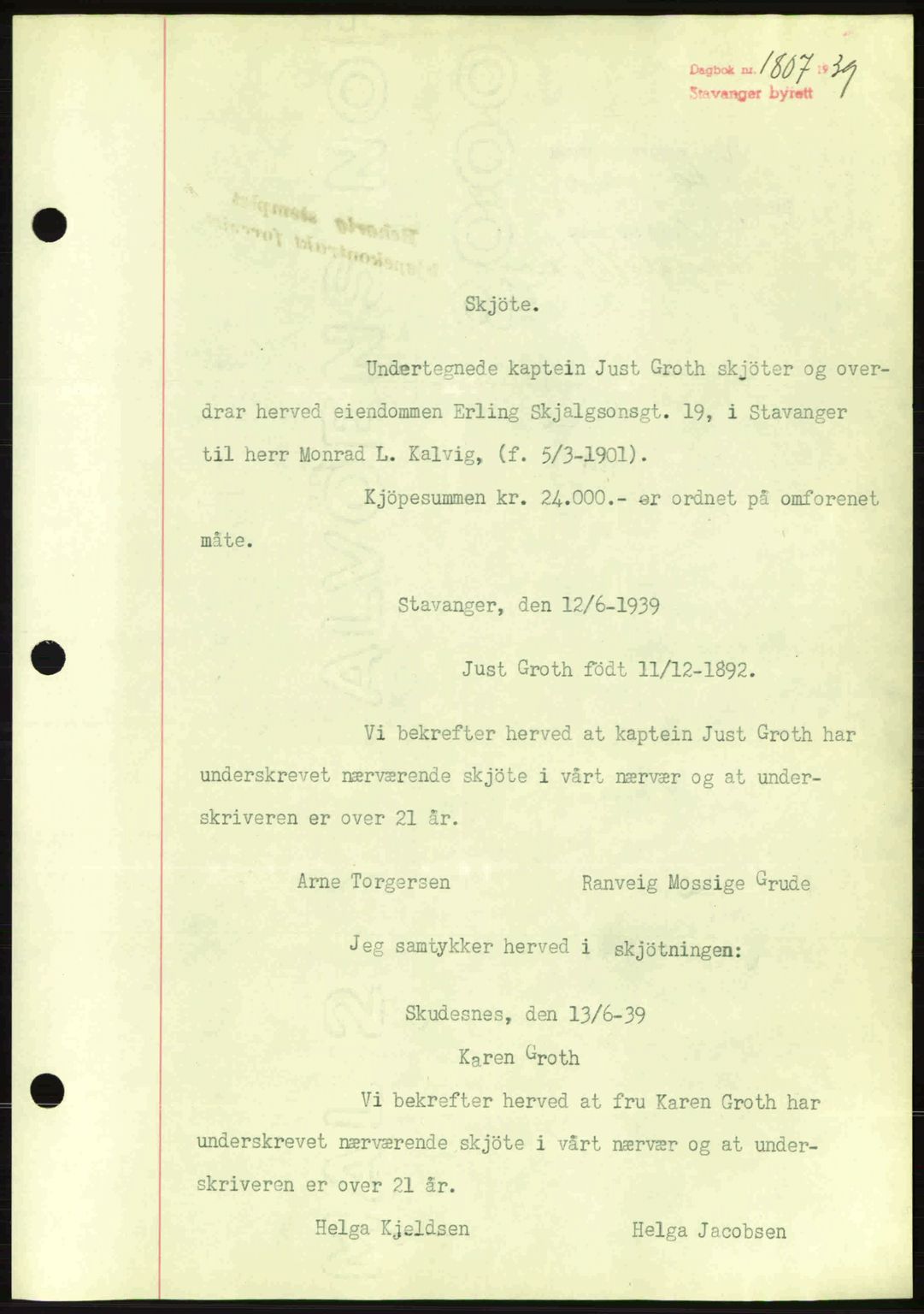 Stavanger byrett, SAST/A-100455/002/G/Gb/L0014: Mortgage book no. A4, 1938-1939, Diary no: : 1807/1939