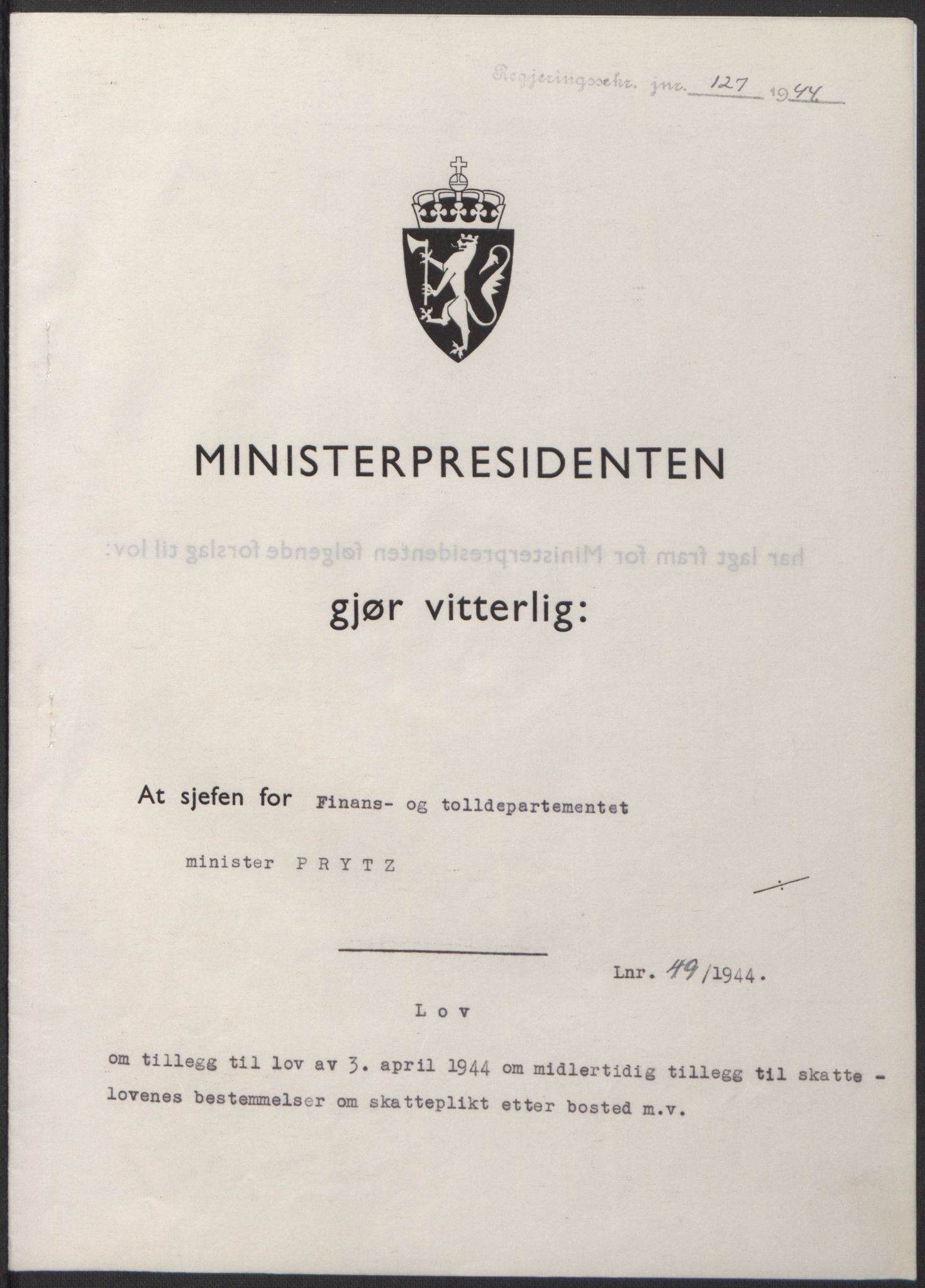 NS-administrasjonen 1940-1945 (Statsrådsekretariatet, de kommisariske statsråder mm), RA/S-4279/D/Db/L0100: Lover, 1944, p. 231