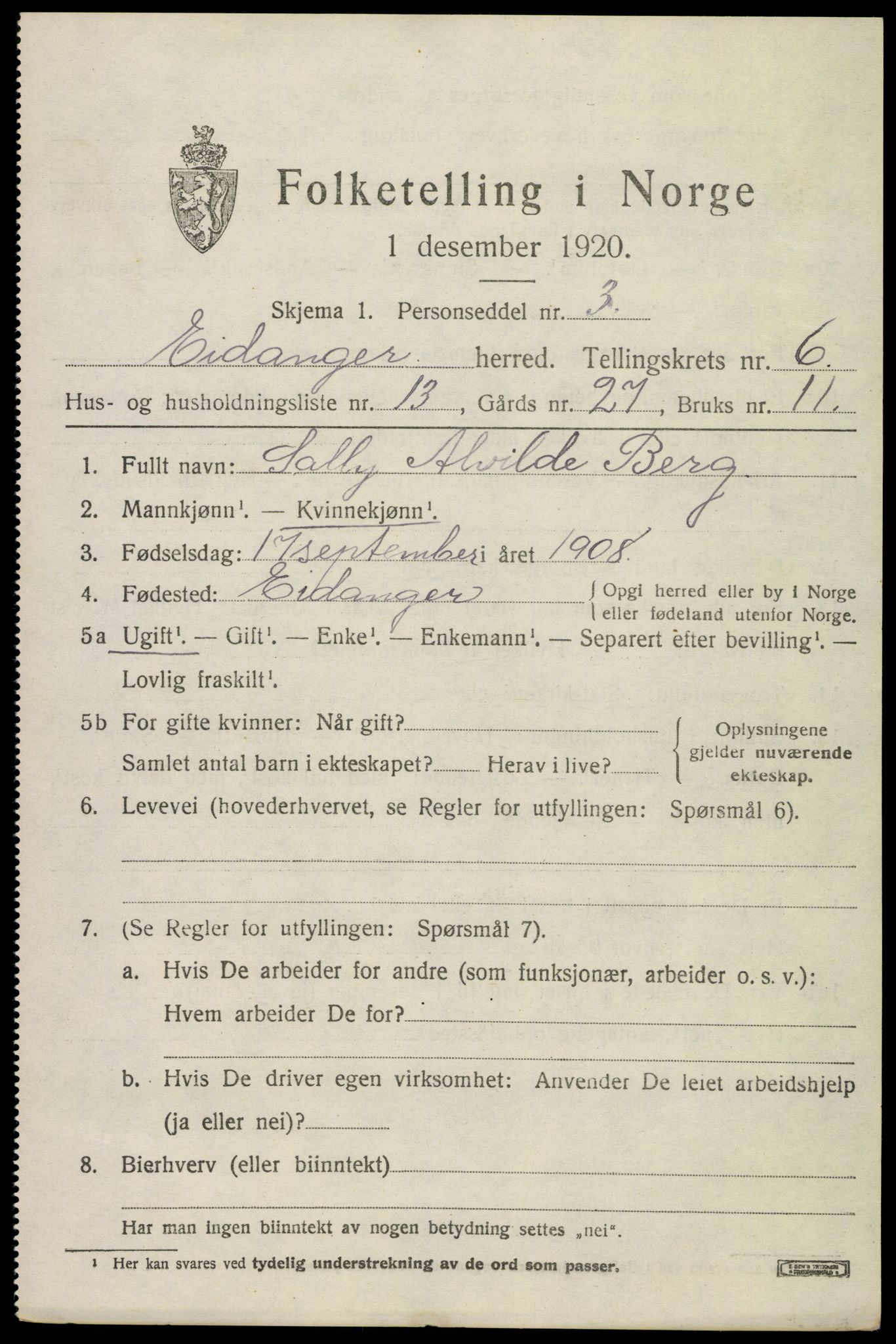 SAKO, 1920 census for Eidanger, 1920, p. 5208