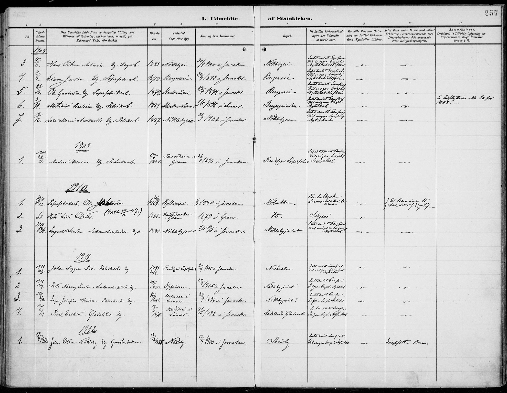 Jevnaker prestekontor, SAH/PREST-116/H/Ha/Haa/L0011: Parish register (official) no. 11, 1902-1913, p. 257