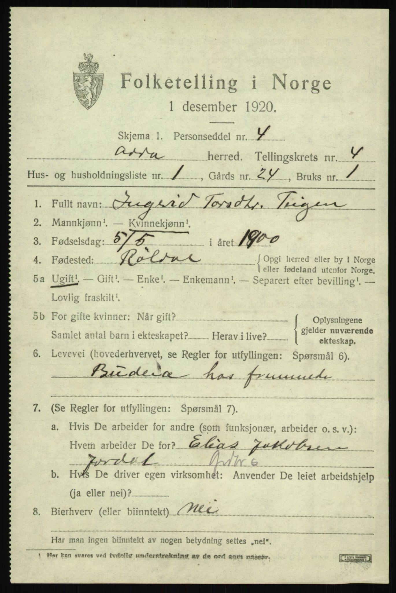 SAB, 1920 census for Odda, 1920, p. 2579