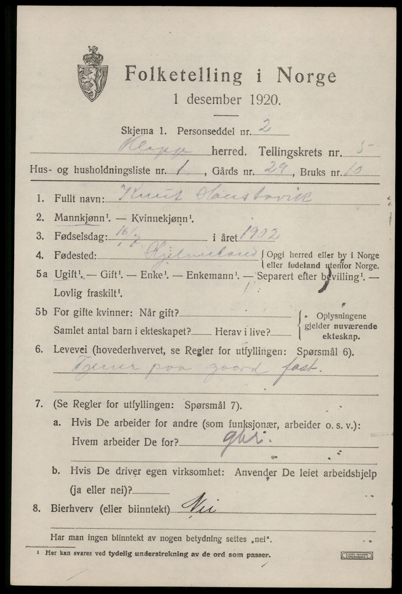 SAST, 1920 census for Klepp, 1920, p. 5352