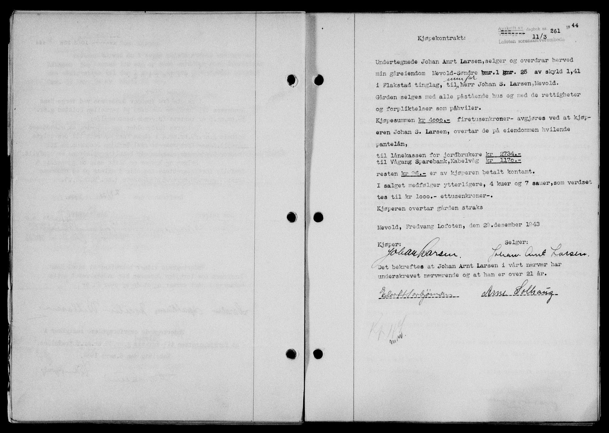 Lofoten sorenskriveri, SAT/A-0017/1/2/2C/L0012a: Mortgage book no. 12a, 1943-1944, Diary no: : 261/1944