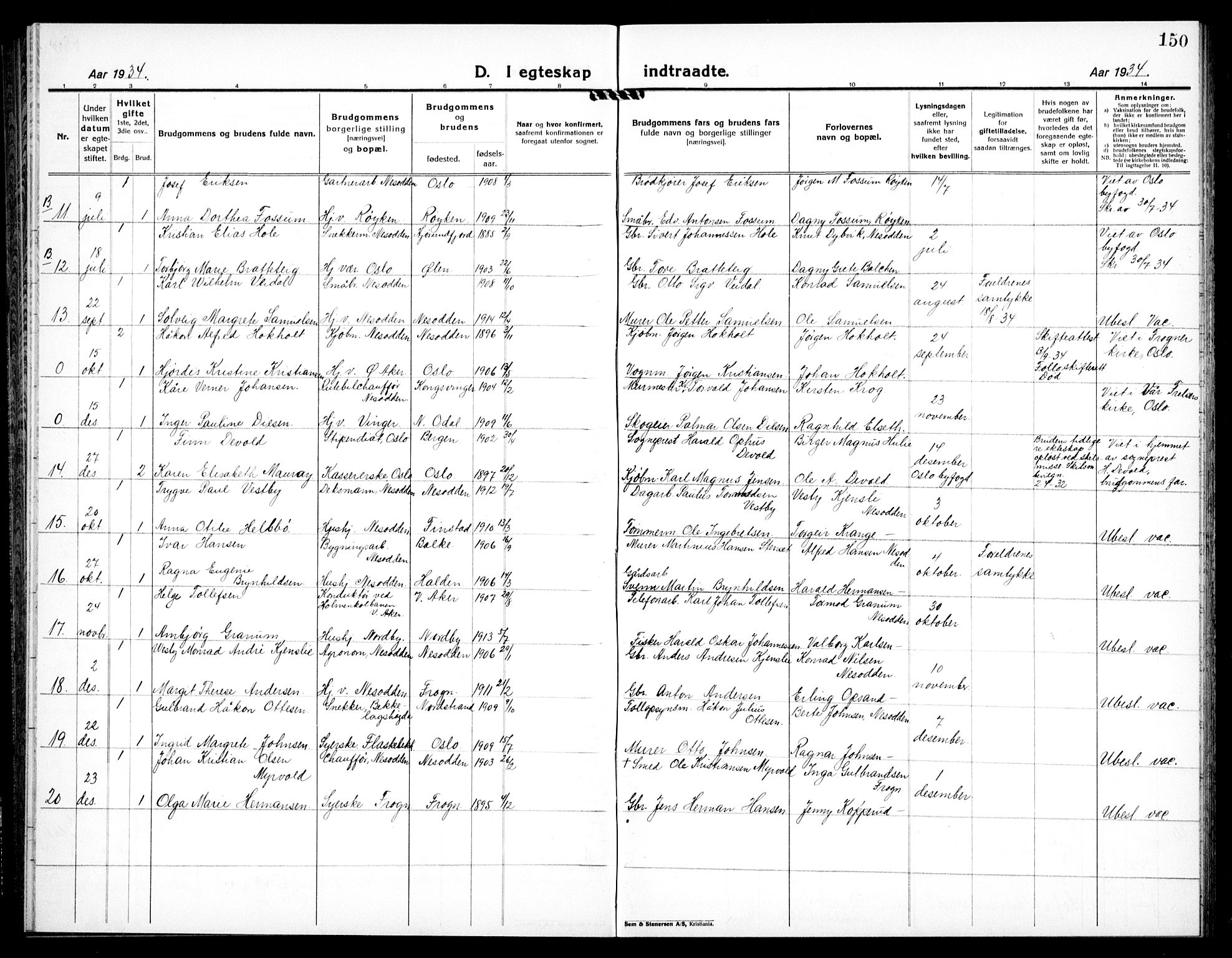 Nesodden prestekontor Kirkebøker, AV/SAO-A-10013/G/Ga/L0003: Parish register (copy) no. I 3, 1924-1939, p. 150