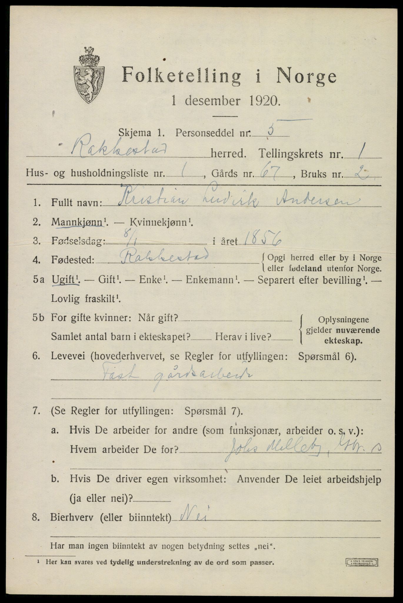 SAO, 1920 census for Rakkestad, 1920, p. 1625