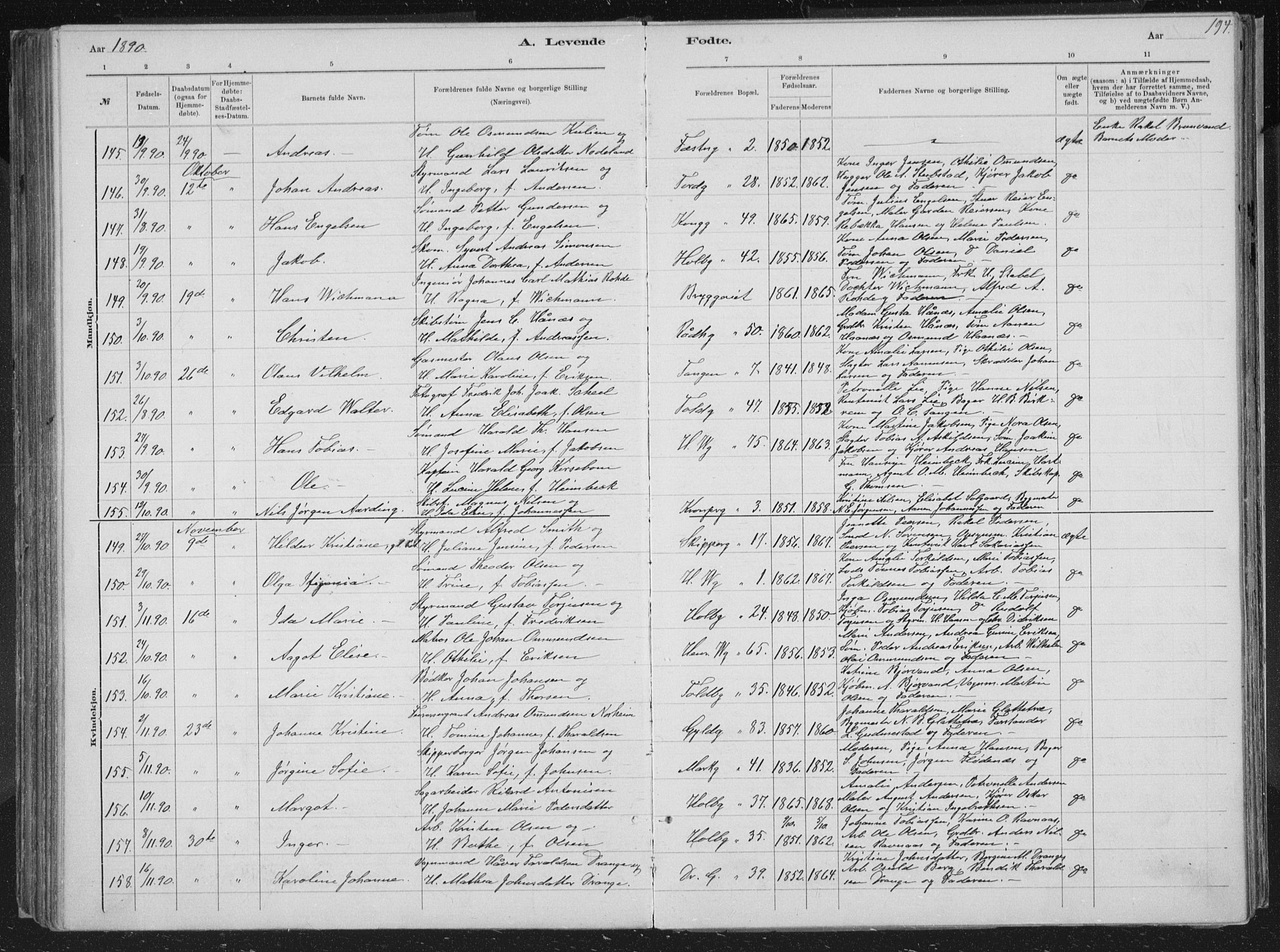 Kristiansand domprosti, SAK/1112-0006/F/Fb/L0014: Parish register (copy) no. B 14, 1881-1896, p. 194