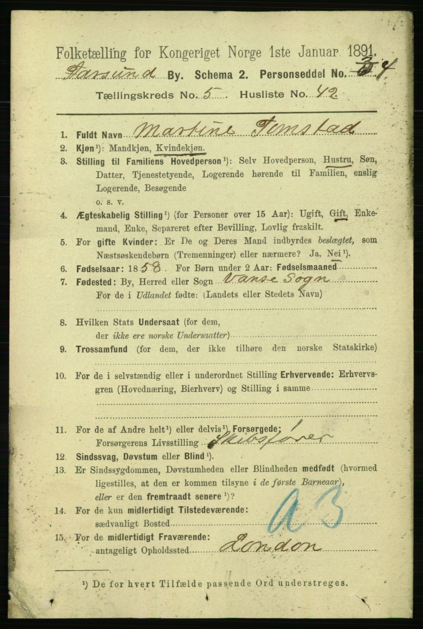 RA, 1891 census for 1003 Farsund, 1891, p. 2202