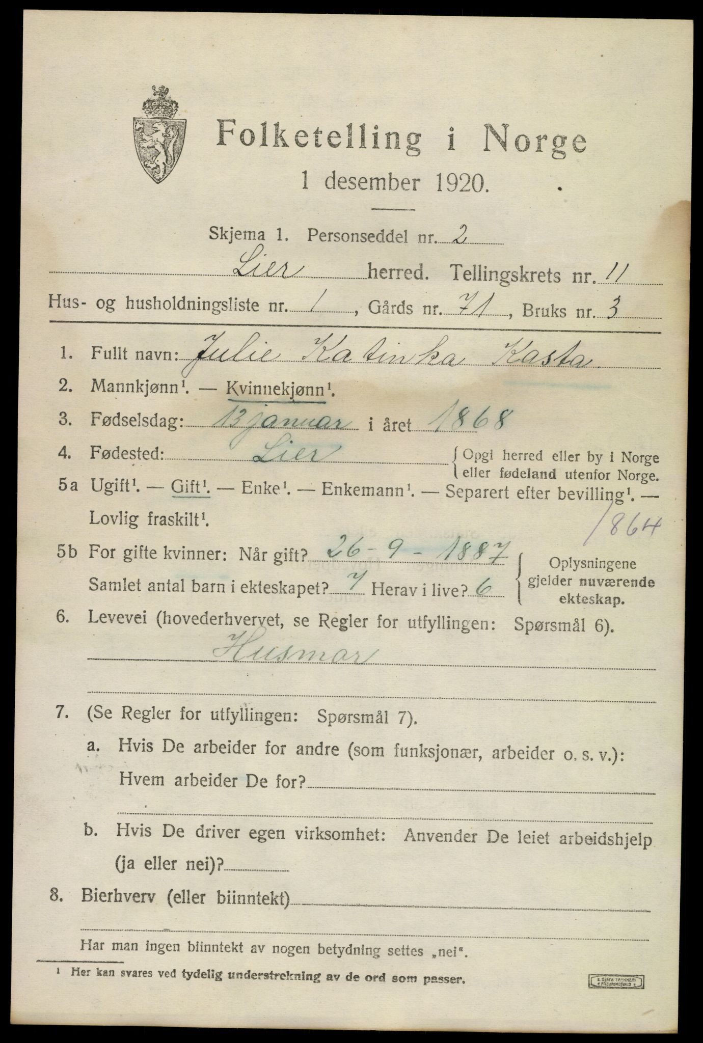 SAKO, 1920 census for Lier, 1920, p. 17260