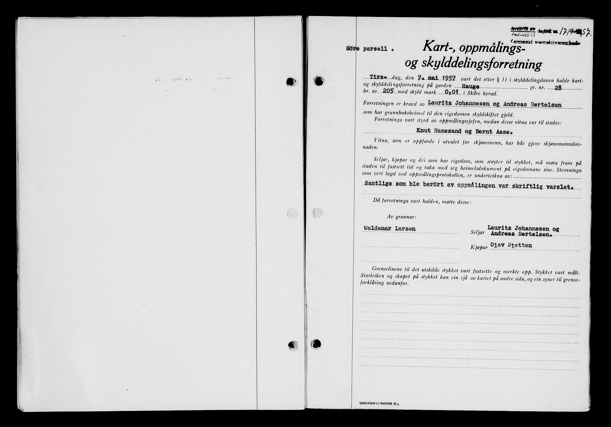 Karmsund sorenskriveri, SAST/A-100311/01/II/IIB/L0125: Mortgage book no. 105A, 1957-1957, Diary no: : 1719/1957