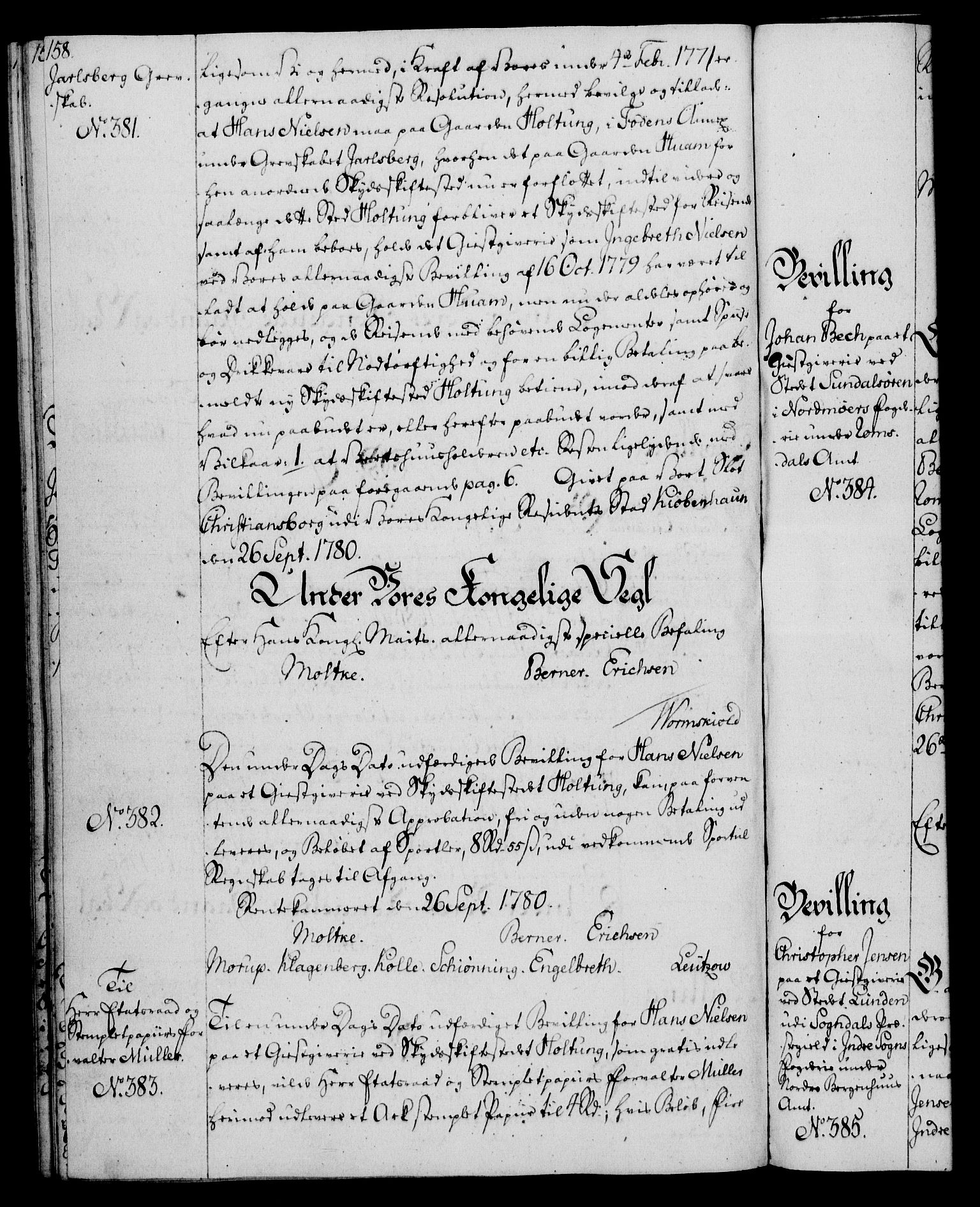 Rentekammeret, Kammerkanselliet, AV/RA-EA-3111/G/Gg/Gga/L0011: Norsk ekspedisjonsprotokoll med register (merket RK 53.11), 1779-1781, p. 158