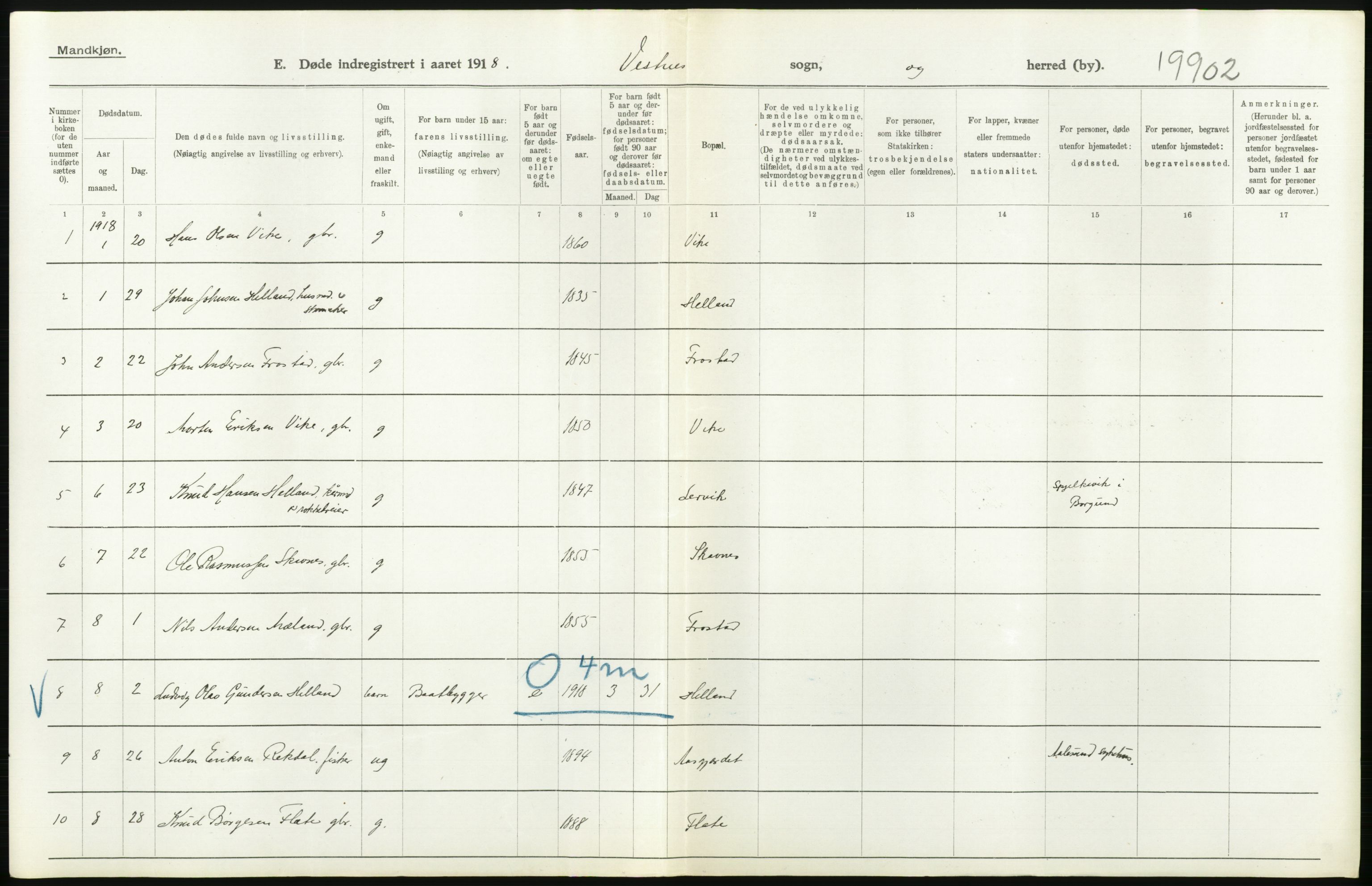 Statistisk sentralbyrå, Sosiodemografiske emner, Befolkning, RA/S-2228/D/Df/Dfb/Dfbh/L0045: Møre fylke: Døde. Bygder og byer., 1918, p. 384