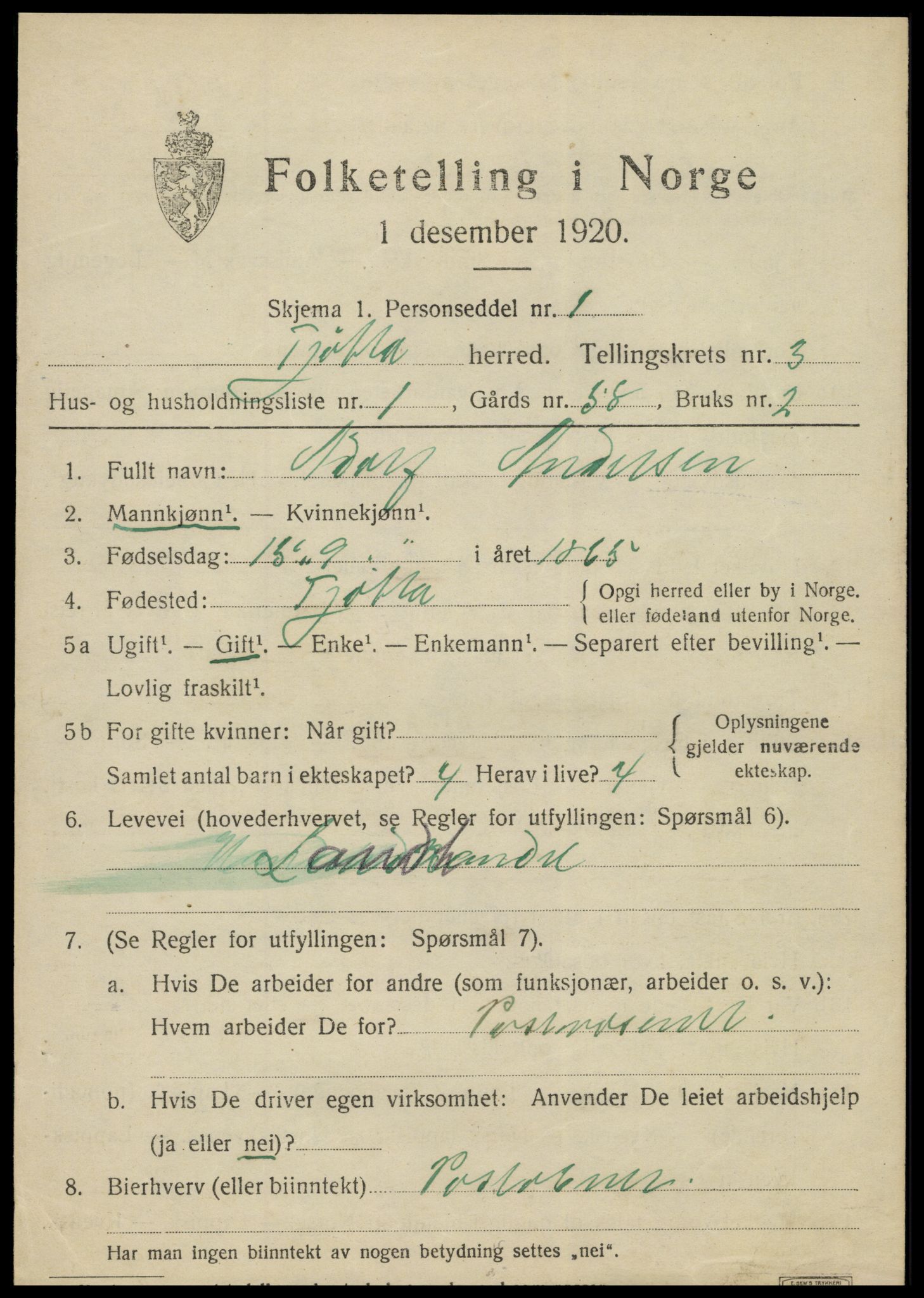 SAT, 1920 census for Tjøtta, 1920, p. 1423