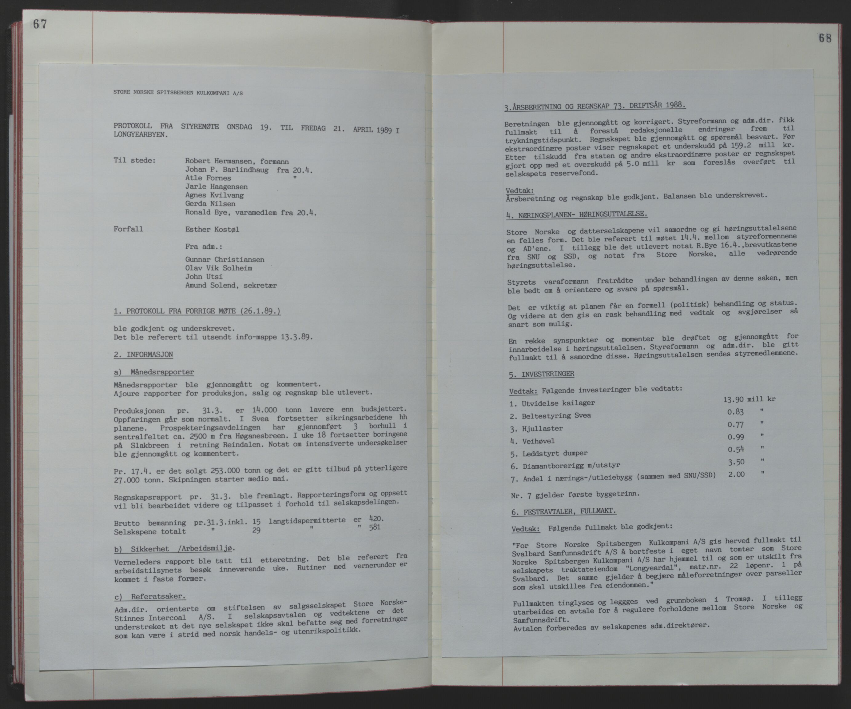 Store Norske Spitsbergen Kulkompani A/S, AV/SATØ-P-0073/09/A/Ab/Aba/L0003: Styreprotokoll 8, 1987-1994, p. 67-68