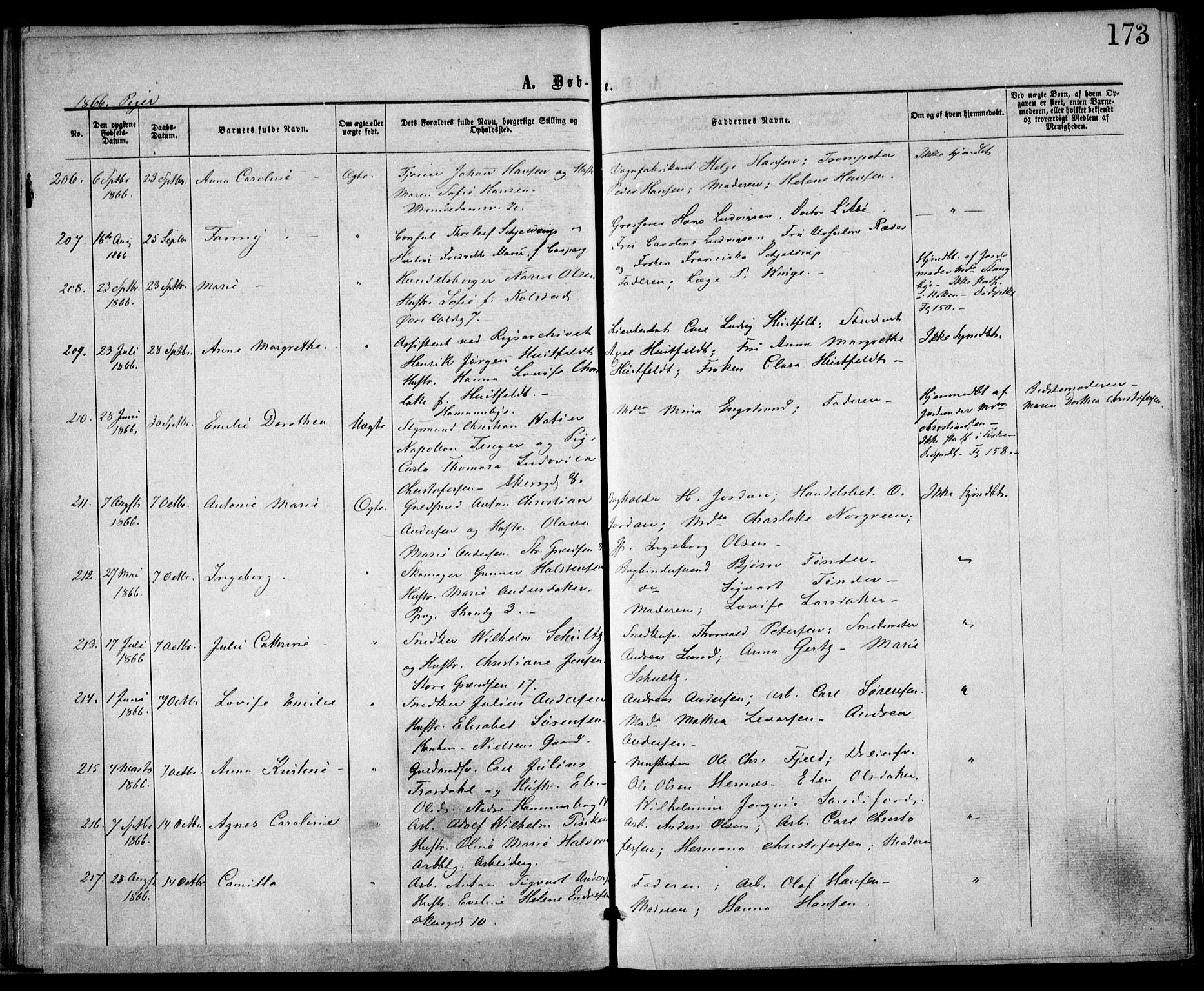 Trefoldighet prestekontor Kirkebøker, SAO/A-10882/F/Fa/L0002: Parish register (official) no. I 2, 1863-1870, p. 173