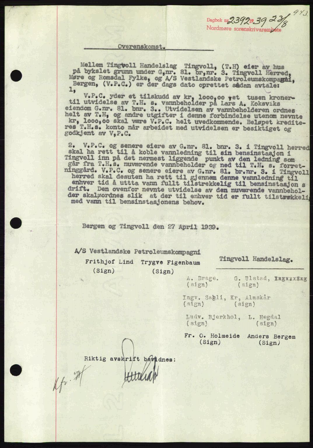 Nordmøre sorenskriveri, AV/SAT-A-4132/1/2/2Ca: Mortgage book no. B85, 1939-1939, Diary no: : 2392/1939