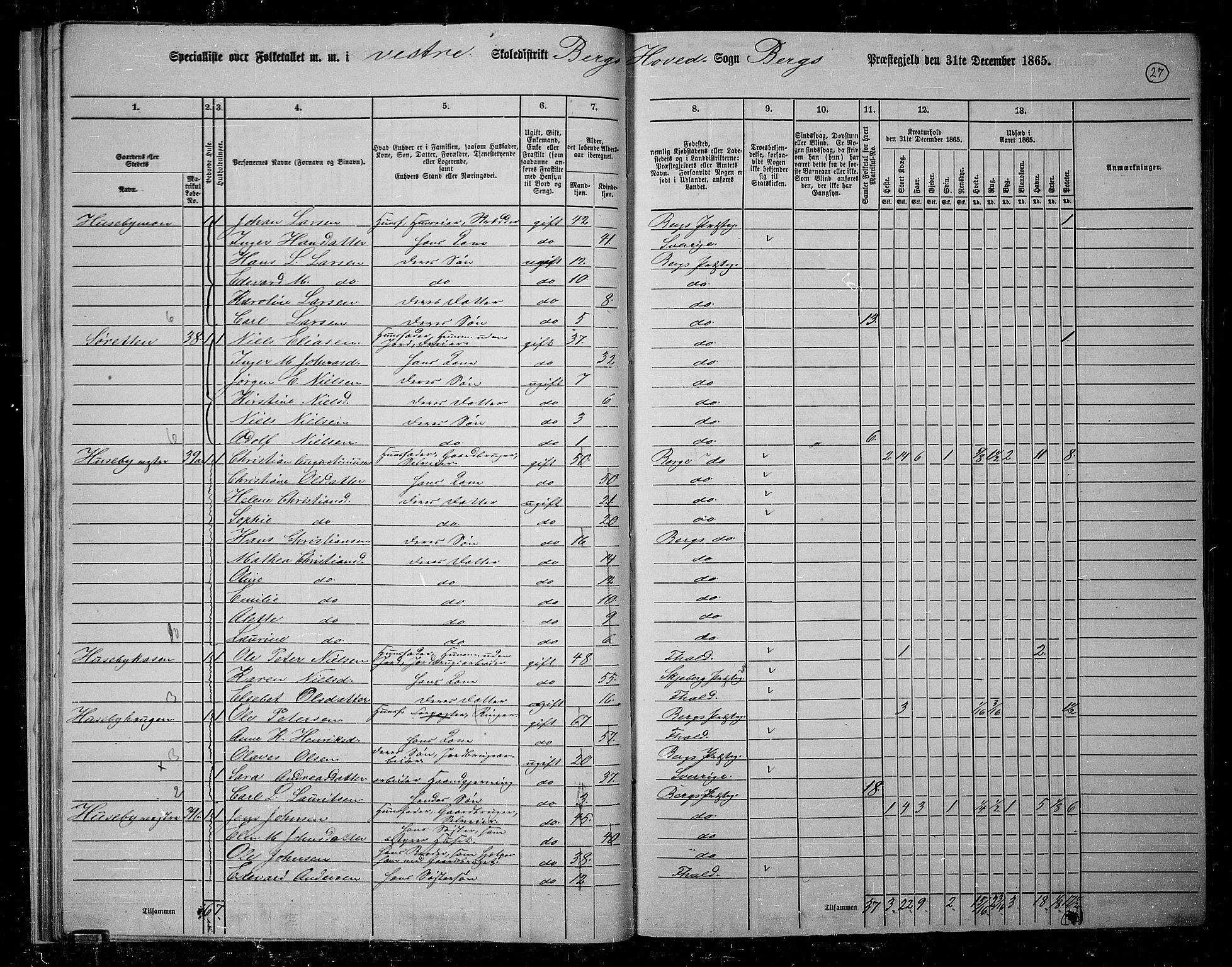 RA, 1865 census for Berg, 1865, p. 27