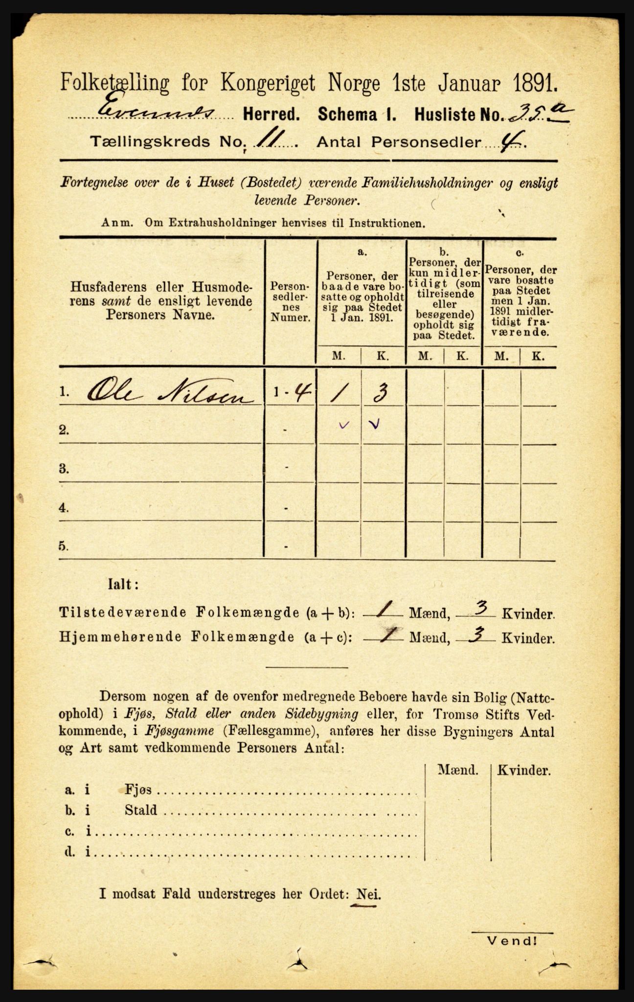 RA, 1891 census for 1853 Evenes, 1891, p. 3457