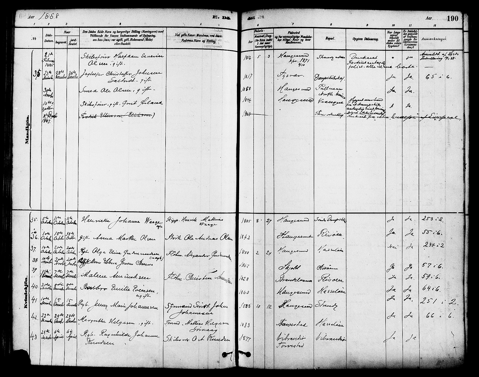 Haugesund sokneprestkontor, AV/SAST-A -101863/H/Ha/Haa/L0003: Parish register (official) no. A 3, 1885-1890, p. 190