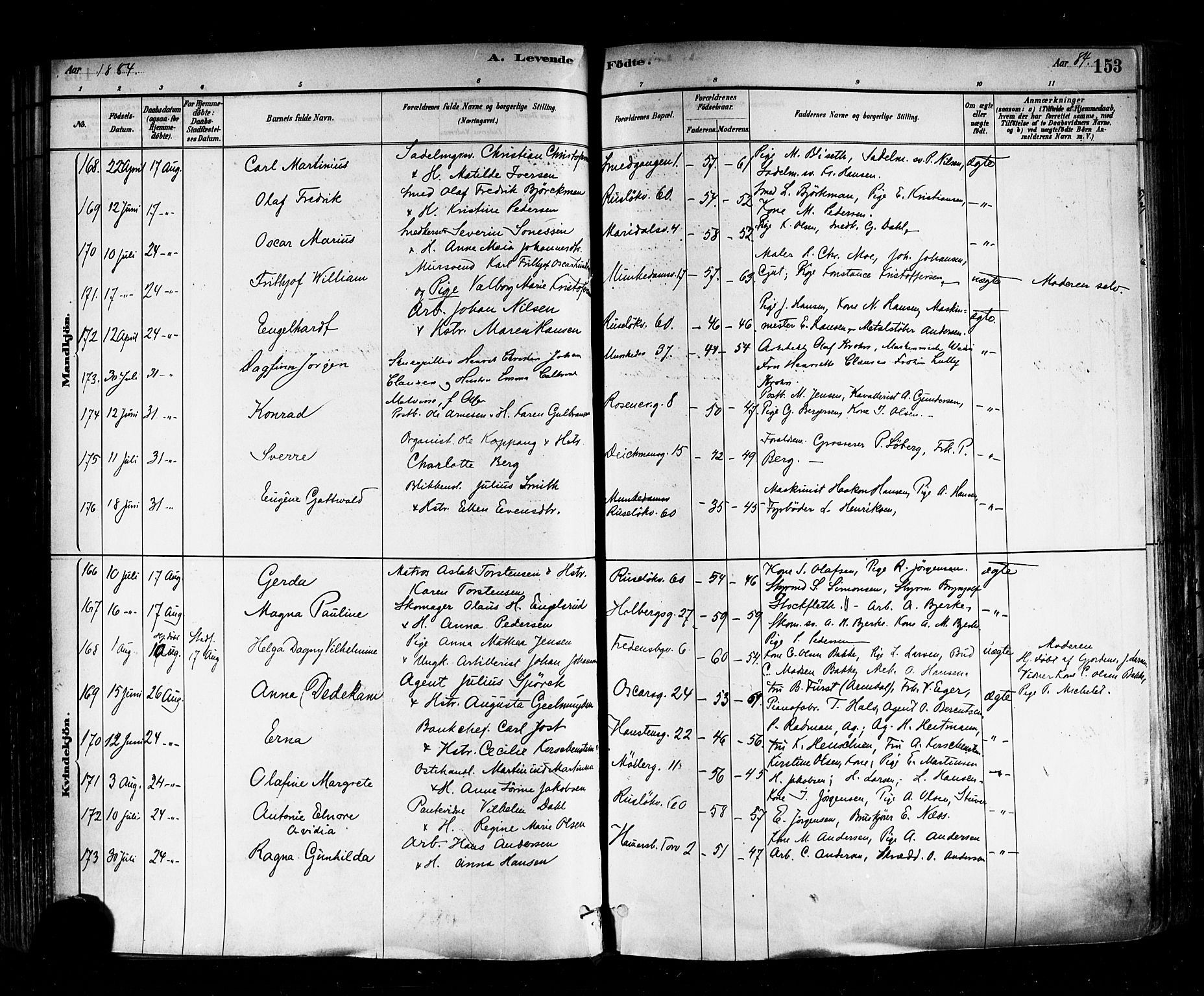 Trefoldighet prestekontor Kirkebøker, SAO/A-10882/F/Fa/L0005: Parish register (official) no. I 5, 1881-1891, p. 153