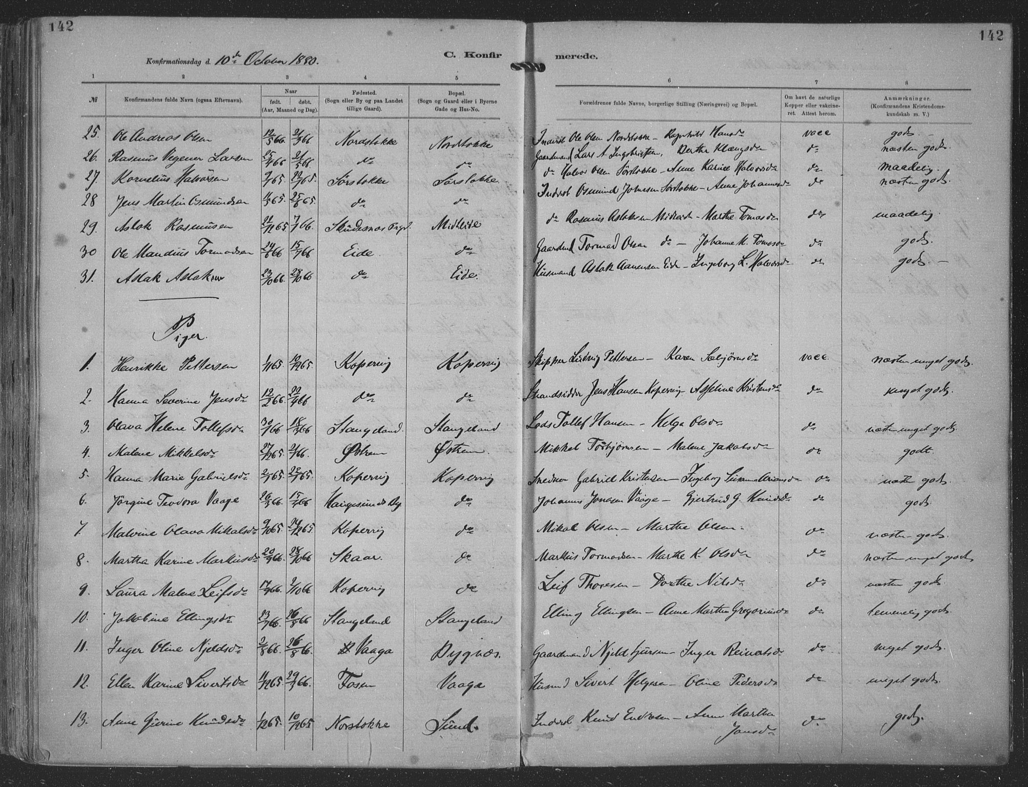 Kopervik sokneprestkontor, AV/SAST-A-101850/H/Ha/Haa/L0001: Parish register (official) no. A 1, 1880-1919, p. 142