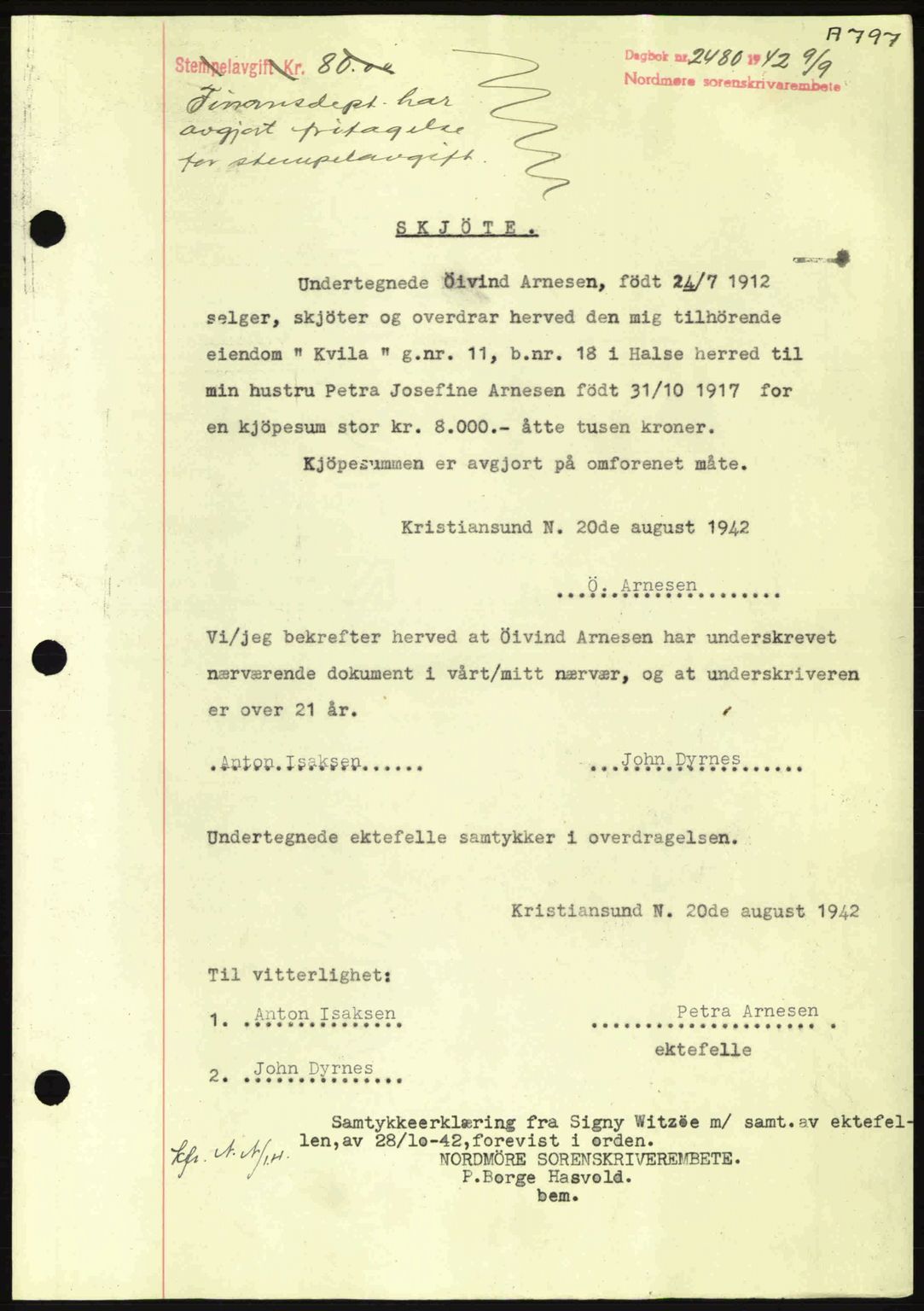 Nordmøre sorenskriveri, AV/SAT-A-4132/1/2/2Ca: Mortgage book no. A93, 1942-1942, Diary no: : 2480/1942