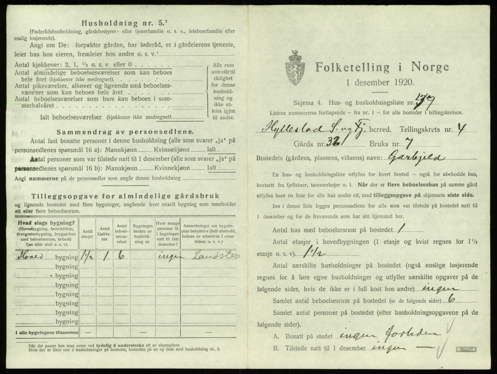 SAB, 1920 census for Hyllestad, 1920, p. 306