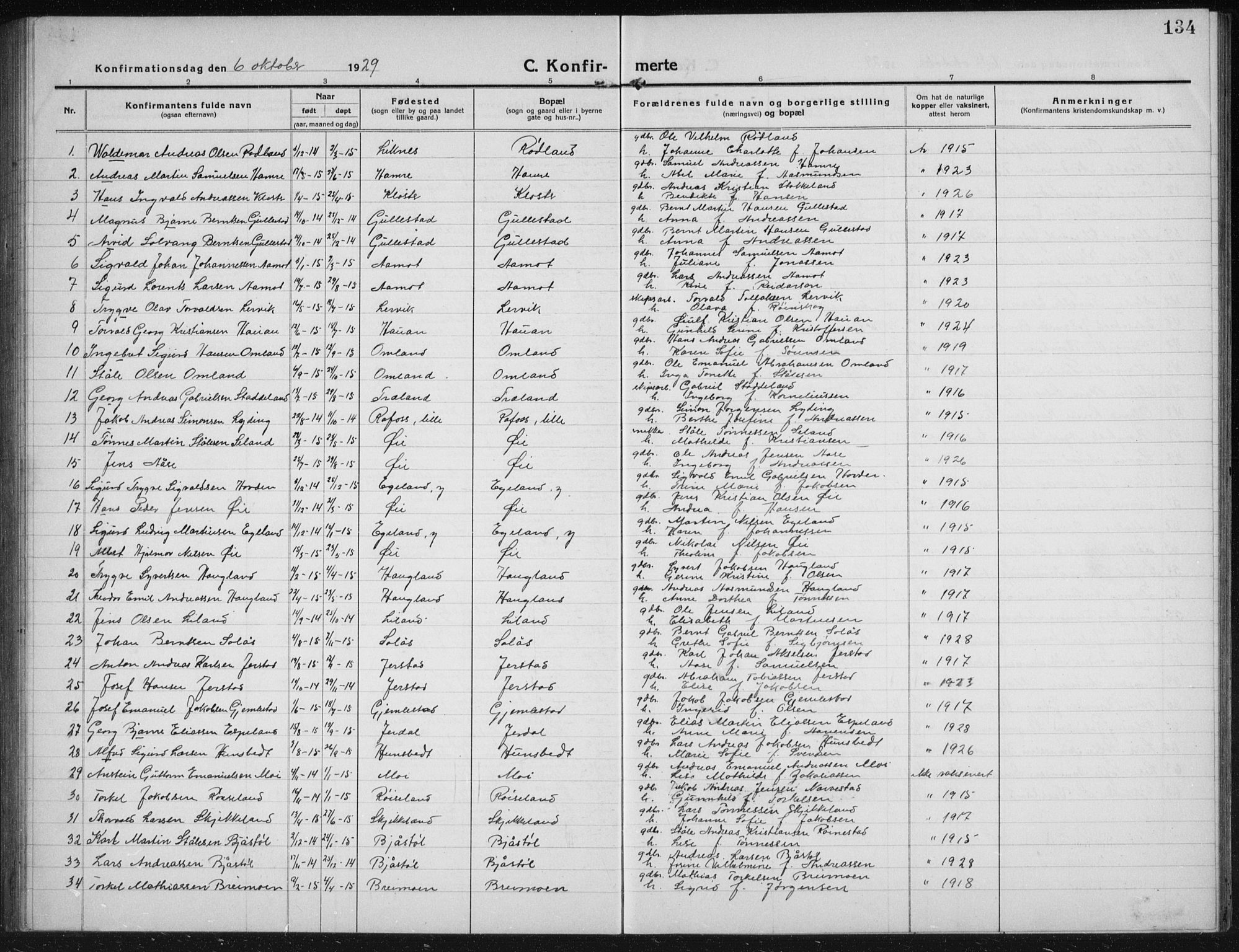 Kvinesdal sokneprestkontor, SAK/1111-0026/F/Fb/Fbb/L0004: Parish register (copy) no. B 4, 1917-1938, p. 134