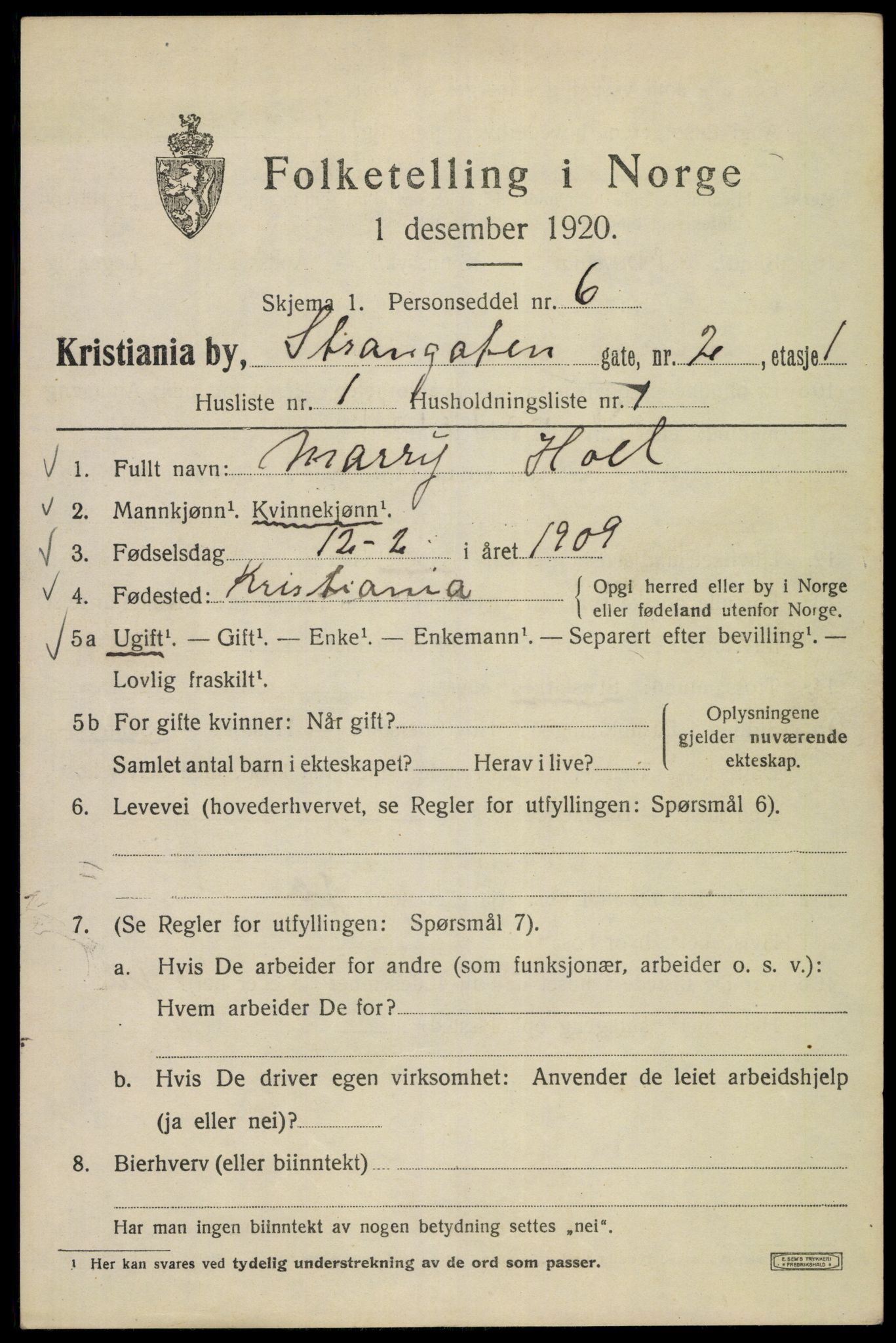 SAO, 1920 census for Kristiania, 1920, p. 550843