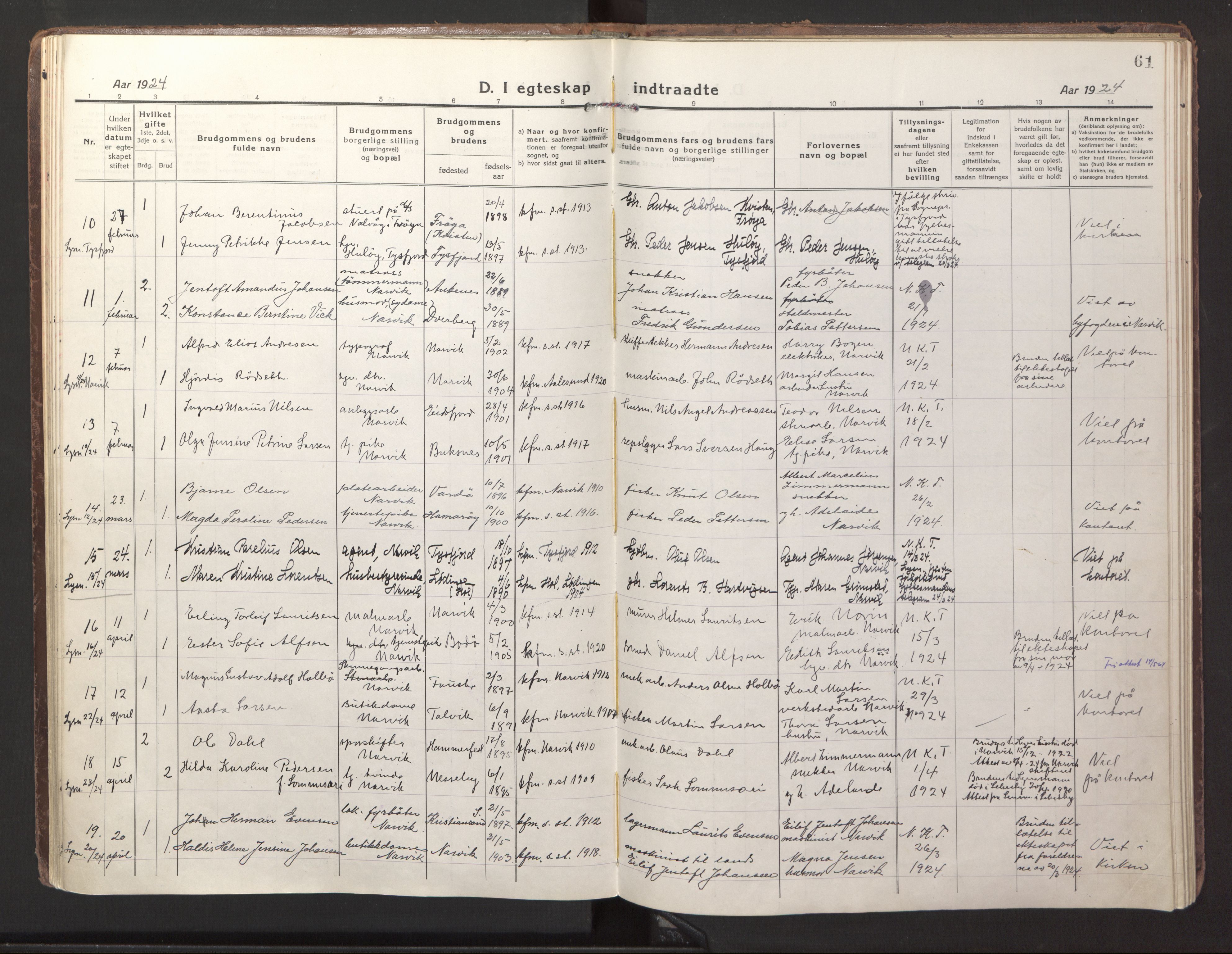 Ministerialprotokoller, klokkerbøker og fødselsregistre - Nordland, AV/SAT-A-1459/871/L1002: Parish register (official) no. 871A18, 1917-1926, p. 61