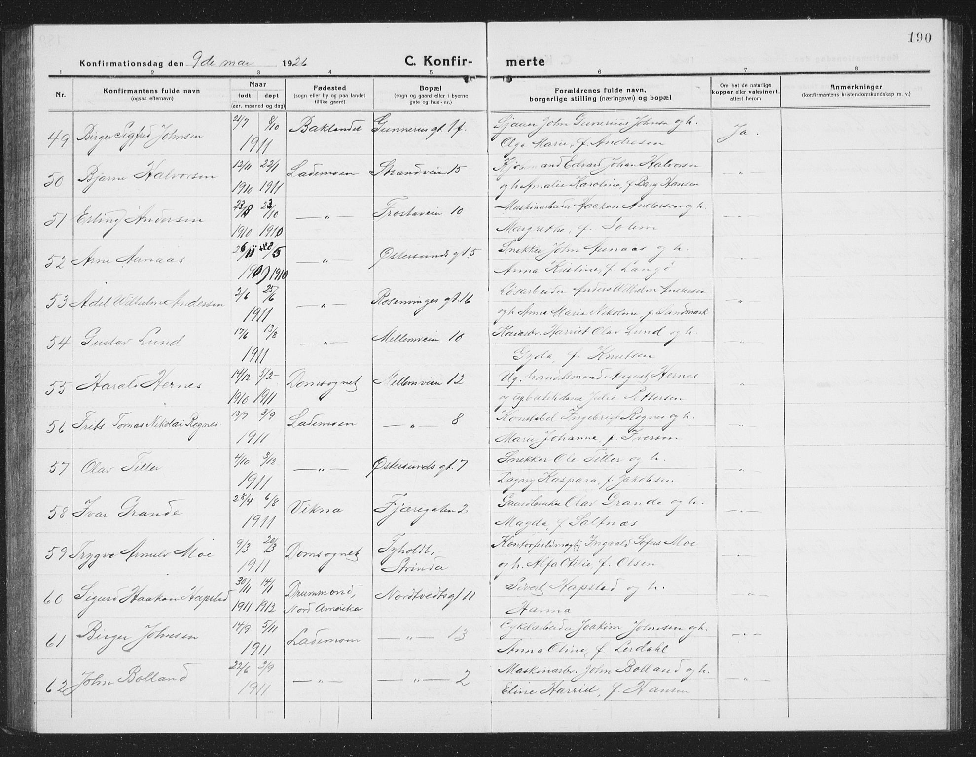 Ministerialprotokoller, klokkerbøker og fødselsregistre - Sør-Trøndelag, AV/SAT-A-1456/605/L0258: Parish register (copy) no. 605C05, 1918-1930, p. 190