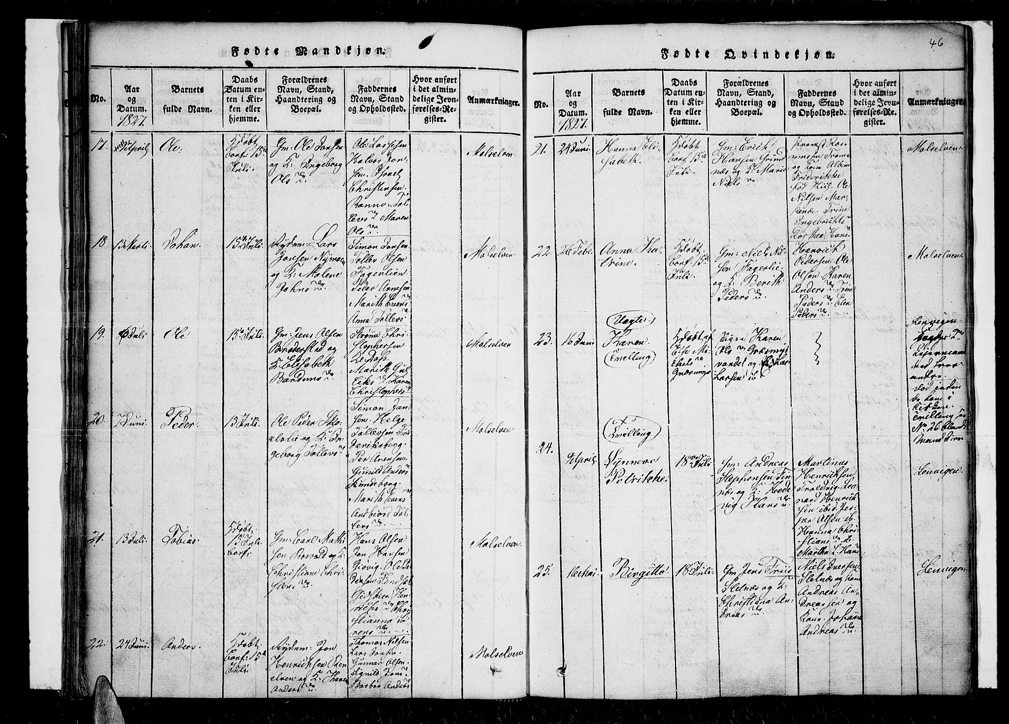 Lenvik sokneprestembete, SATØ/S-1310/H/Ha/Haa/L0003kirke: Parish register (official) no. 3, 1820-1831, p. 46