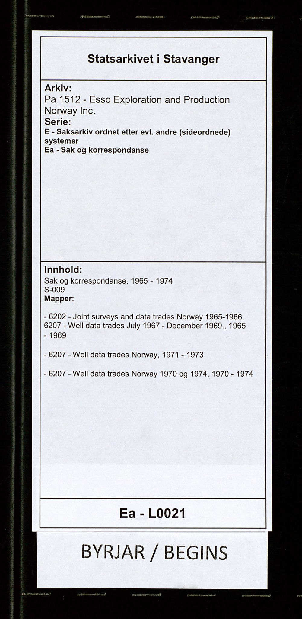 Pa 1512 - Esso Exploration and Production Norway Inc., AV/SAST-A-101917/E/Ea/L0021: Sak og korrespondanse, 1965-1974, p. 1