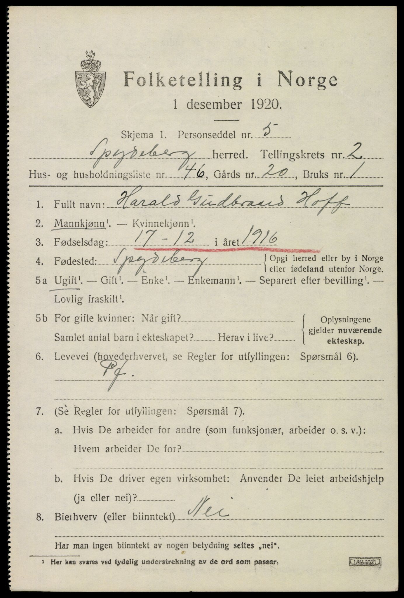 SAO, 1920 census for Spydeberg, 1920, p. 3443