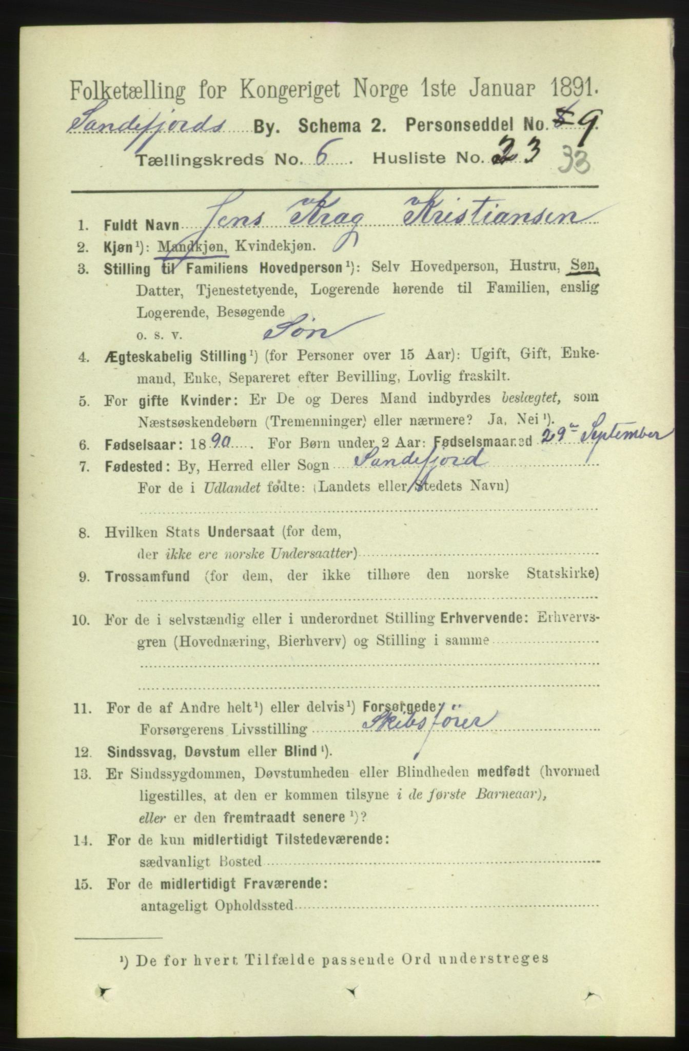 RA, 1891 census for 0706 Sandefjord, 1891, p. 2722