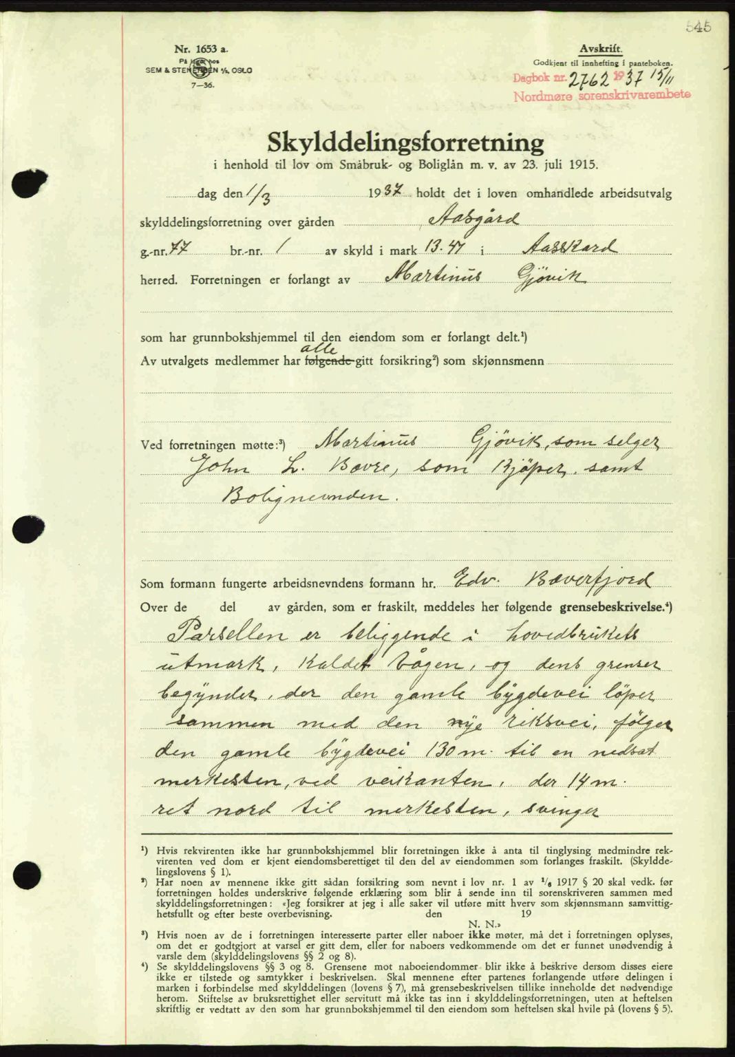 Nordmøre sorenskriveri, SAT/A-4132/1/2/2Ca: Mortgage book no. A82, 1937-1938, Diary no: : 2762/1937