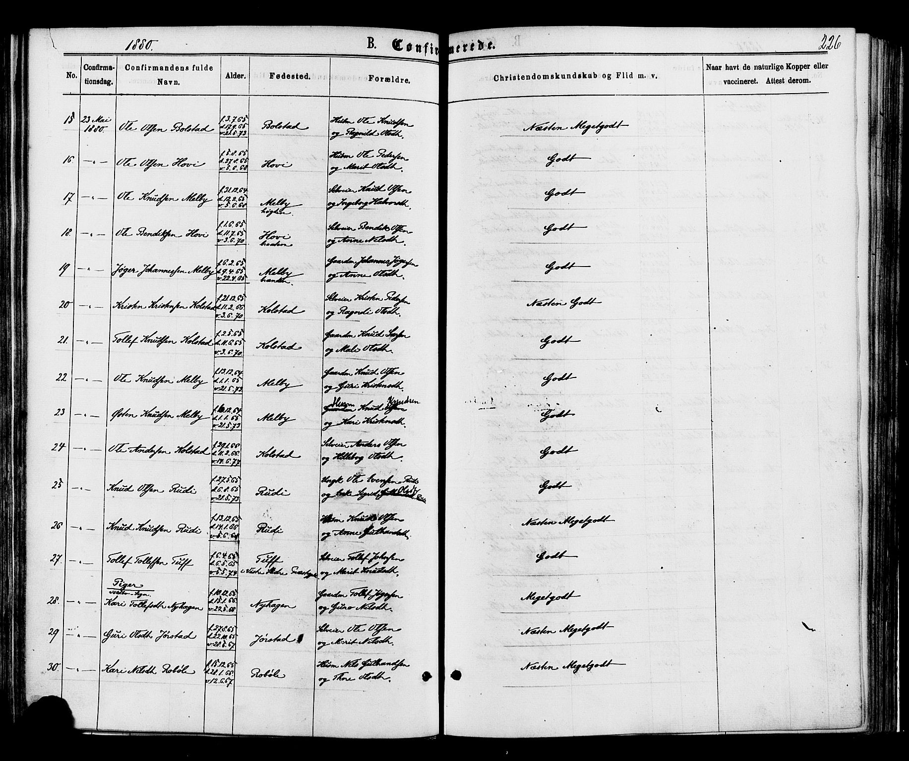 Øystre Slidre prestekontor, AV/SAH-PREST-138/H/Ha/Haa/L0002: Parish register (official) no. 2, 1874-1886, p. 226