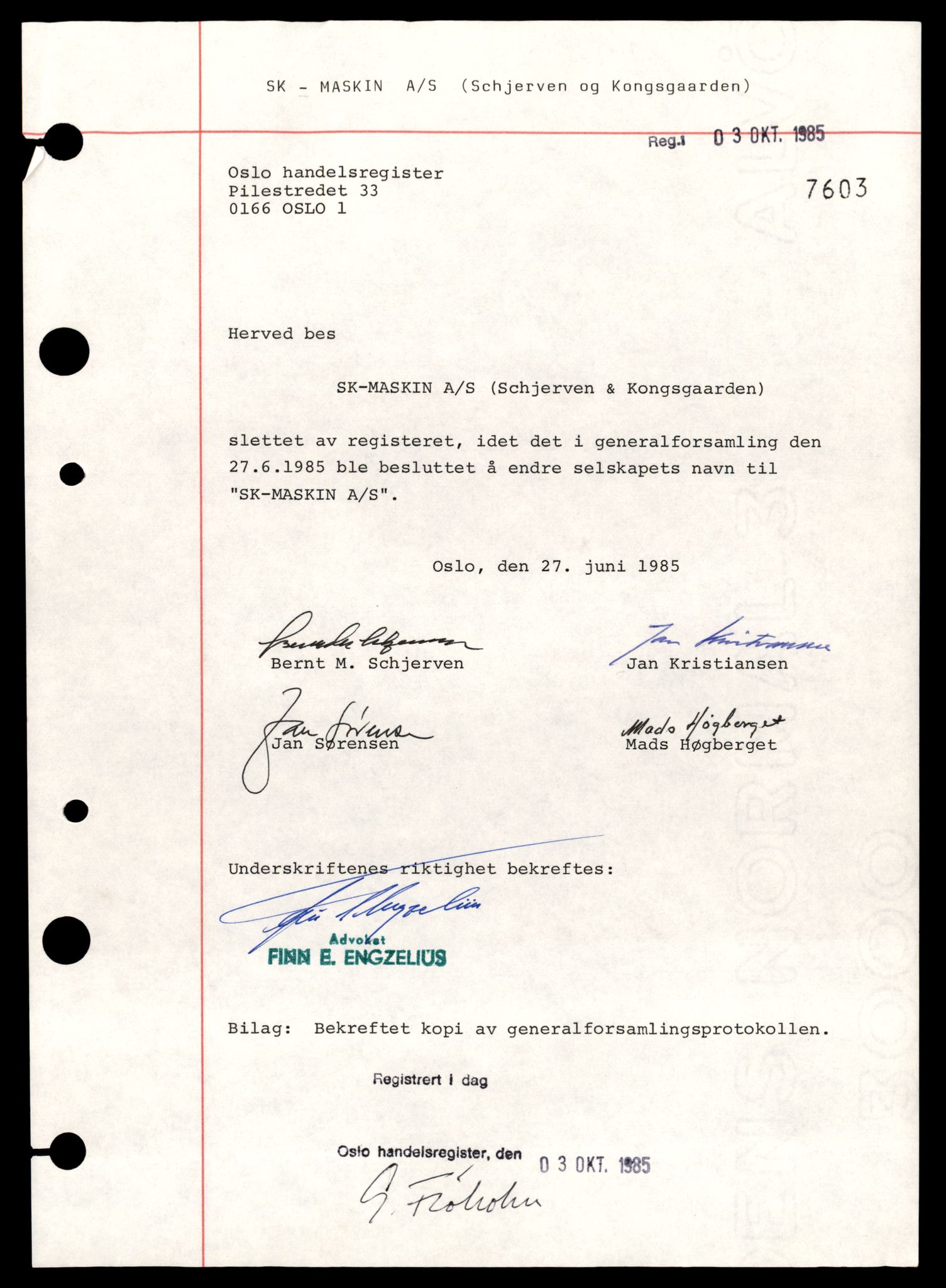 Oslo byfogd, Handelsregisteret, AV/SAT-A-10867/G/Gb/Gbb/L0080: Registreringsmeldinger, Skm-Tri, 1985, p. 1