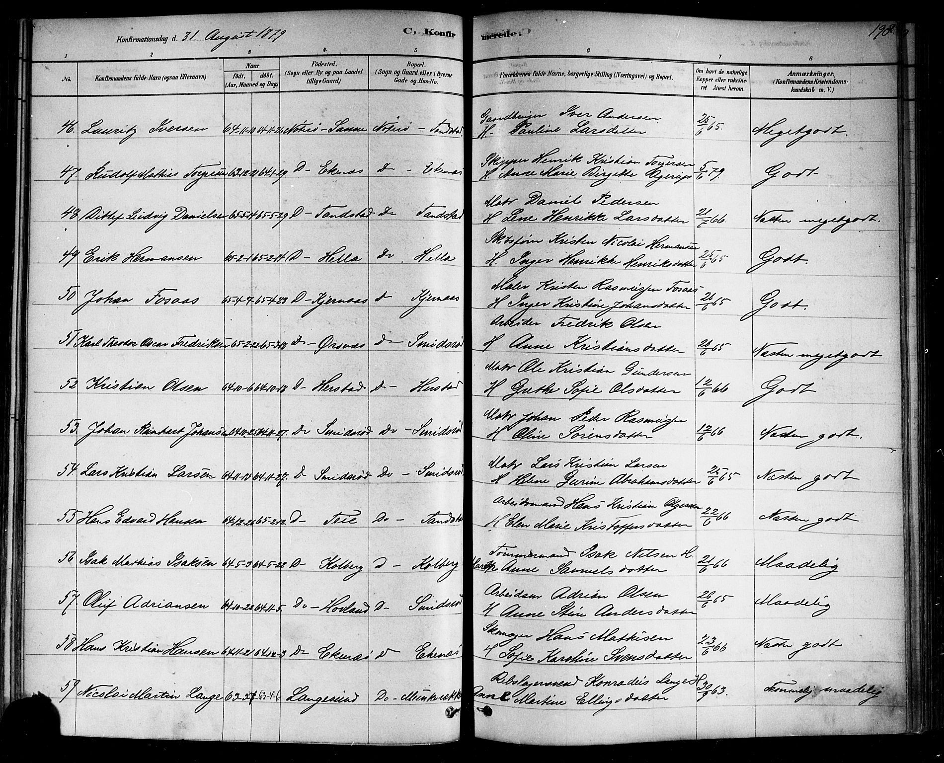Nøtterøy kirkebøker, AV/SAKO-A-354/F/Fa/L0008: Parish register (official) no. I 8, 1878-1893, p. 190
