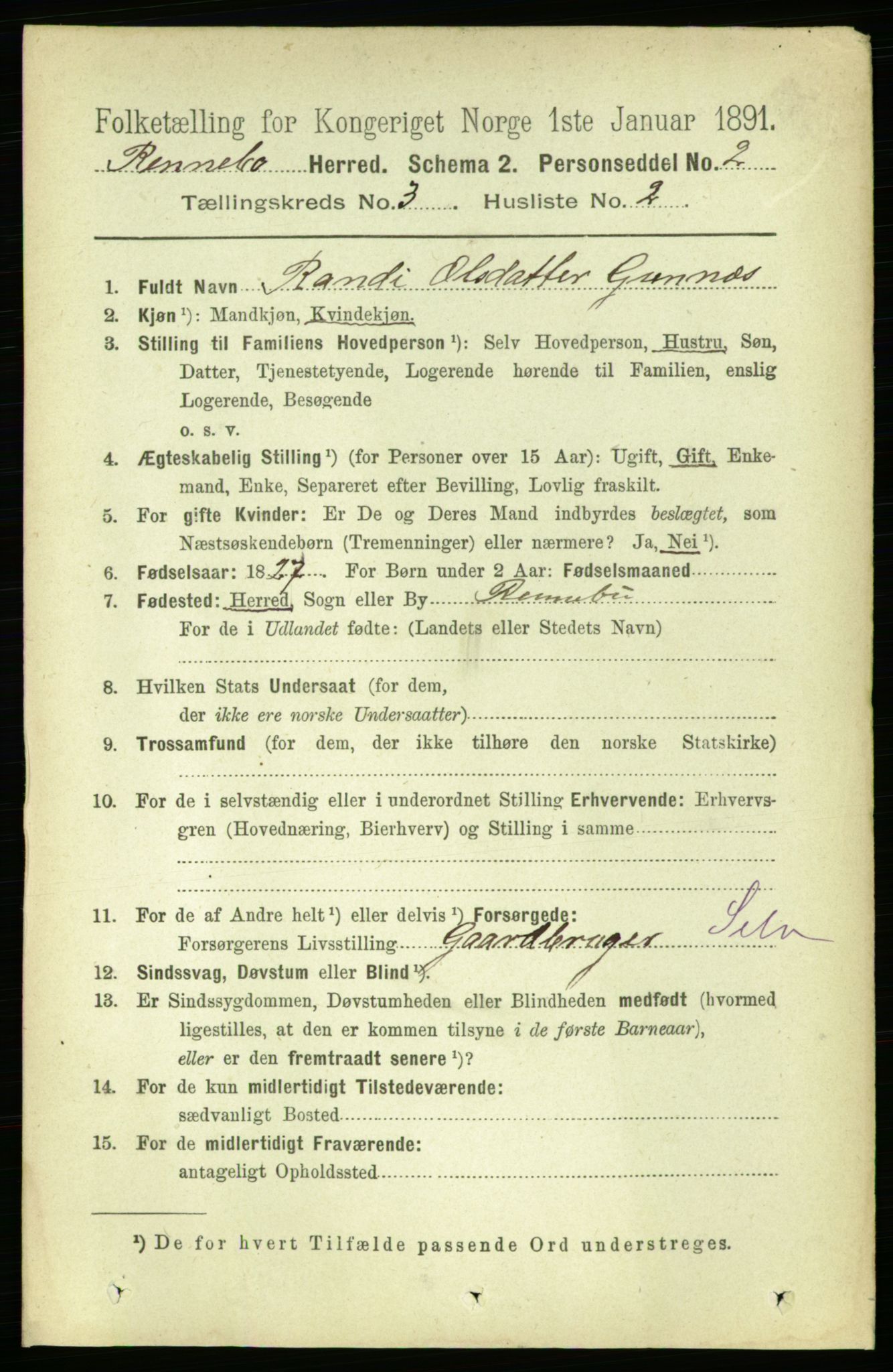 RA, 1891 census for 1635 Rennebu, 1891, p. 1396