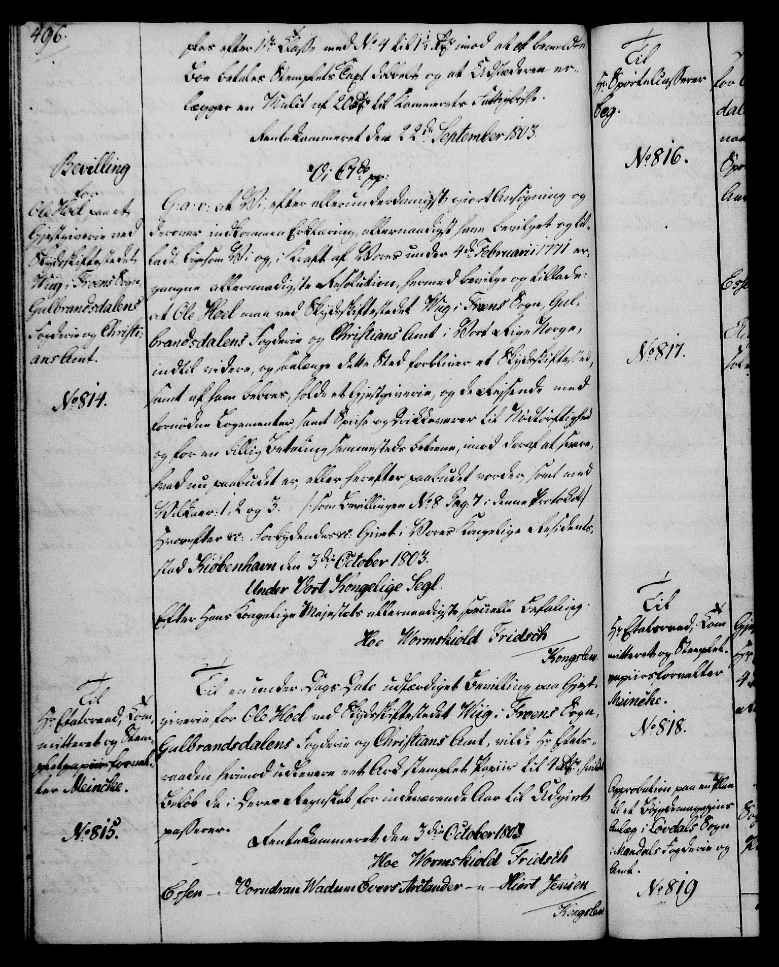 Rentekammeret, Kammerkanselliet, RA/EA-3111/G/Gg/Gga/L0017: Norsk ekspedisjonsprotokoll med register (merket RK 53.17), 1801-1803, p. 496