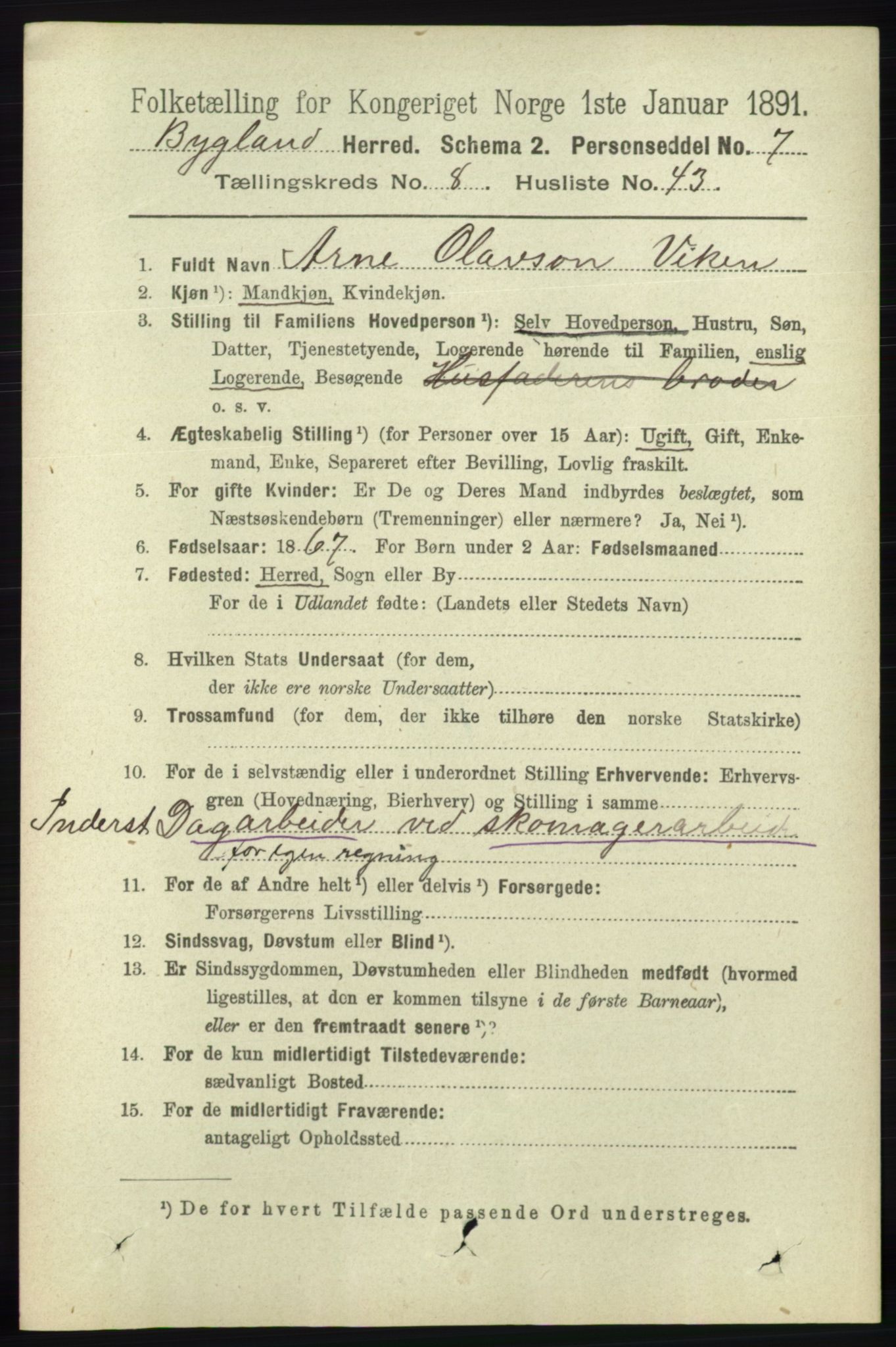 RA, 1891 census for 0938 Bygland, 1891, p. 2184